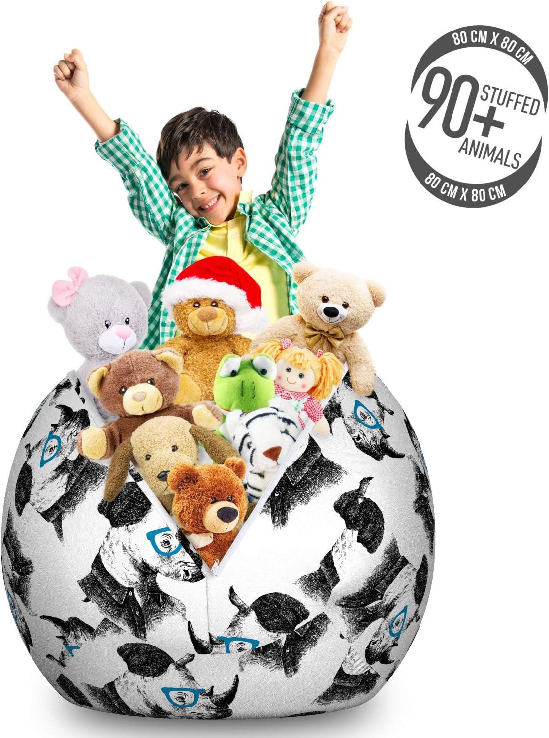 Ambesonne Animal Storage Toy Bag Chair, Hipster Animal Portrait with Shirt Hat Glasses Ornamental Character, Stuffed Animal Organizer Washable Bag, Large Size, Blue Charcoal