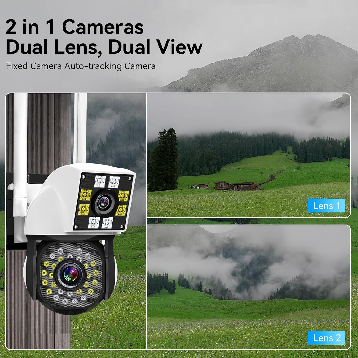 Dual Lens Indoor Security Camera - 2.4G WiFi, 360° PTZ Waterproof Camera, Battery Operated Camera for Home Indoor Seguridad Surveillance