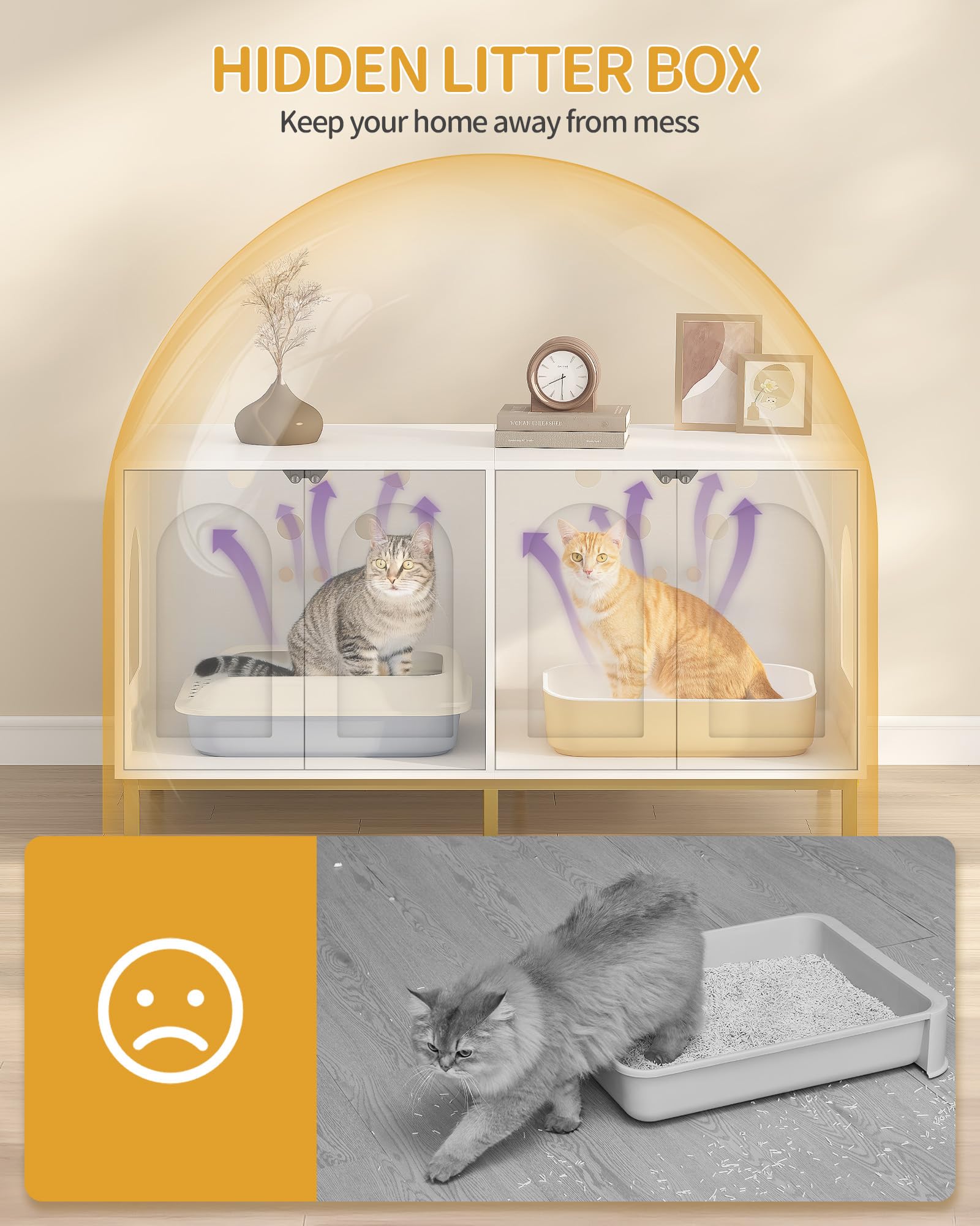 Hzuaneri Caja de Arena para 2 Gatos, 119cm Mueble para Caja de Arena Oculta, Casa de Madera para Mascotas, Mueble de Almacenaje, Se Adapta a la Mayoría de Arenero Gato, Blanco-Oro CB82313A