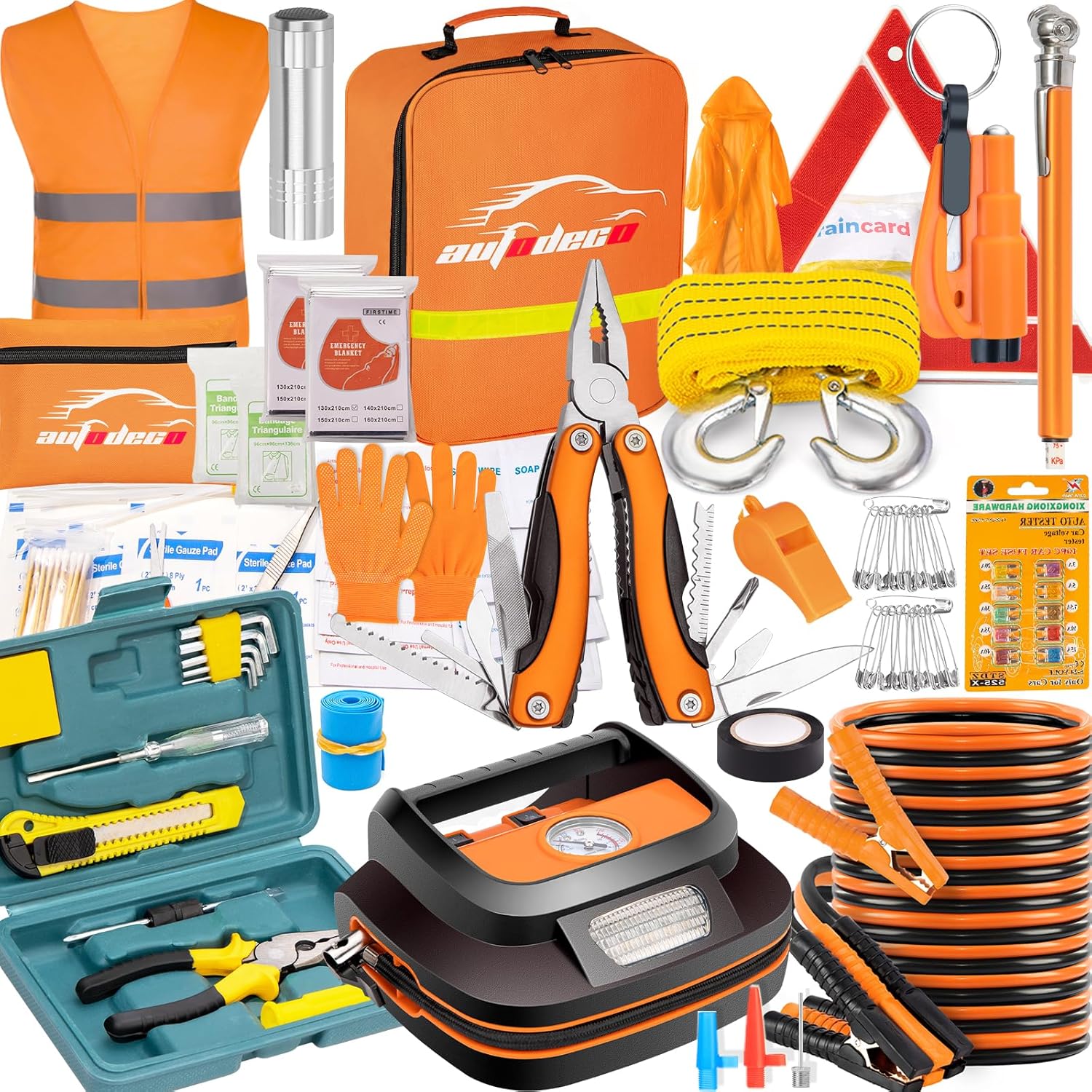 131-Piece Car Emergency Kit: Air Compressor, Jumper Cables & More