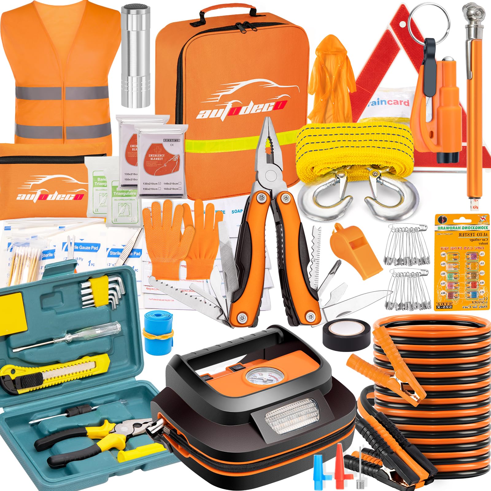 131 Pieces Car Emergency Safety Kit Bag with Air Compressor Jumper Cable First Aid Kit Tire Pressure Gauge Roadside Emergency Car Kit for Vehicles