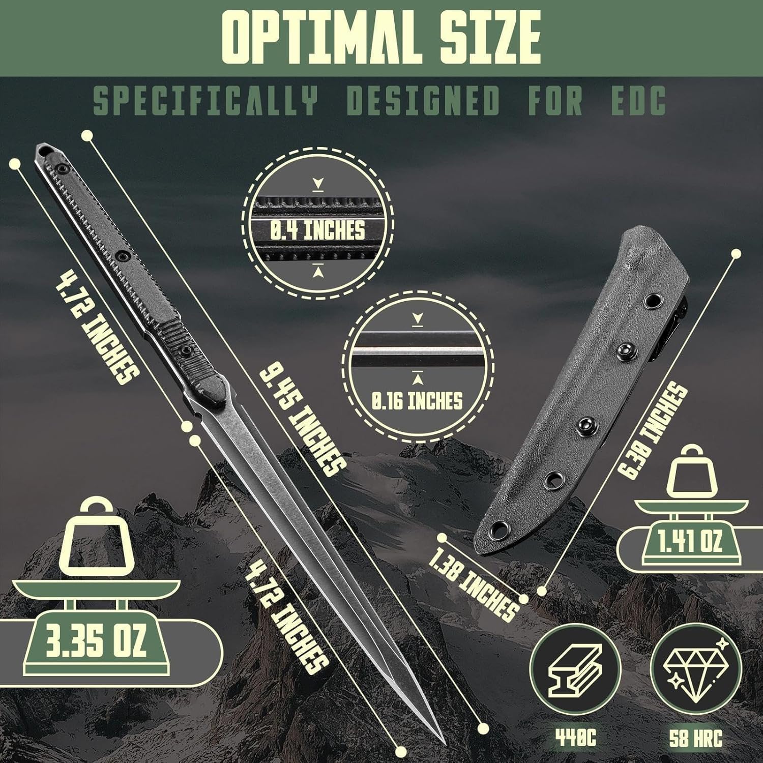 Freelander Fixed Blade Knife with Kydex Sheath, Full Tang 440C Stainless Steel Outdoor Camping Survival Knife for Bushcraft, Knives for Men