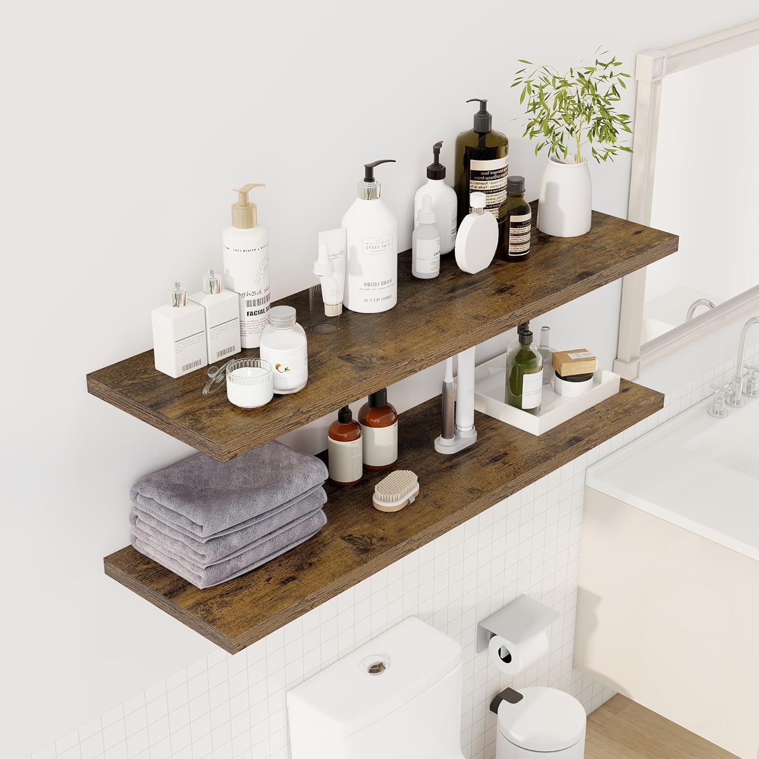 Dreamland 48" Floating Shelves for Wall, 12" Deep Slim Rustic Brown Floating Shelves,Wall-Mounted Shelves for Bedroom, Living Room, Kitchen, Bathroom - Set of 2