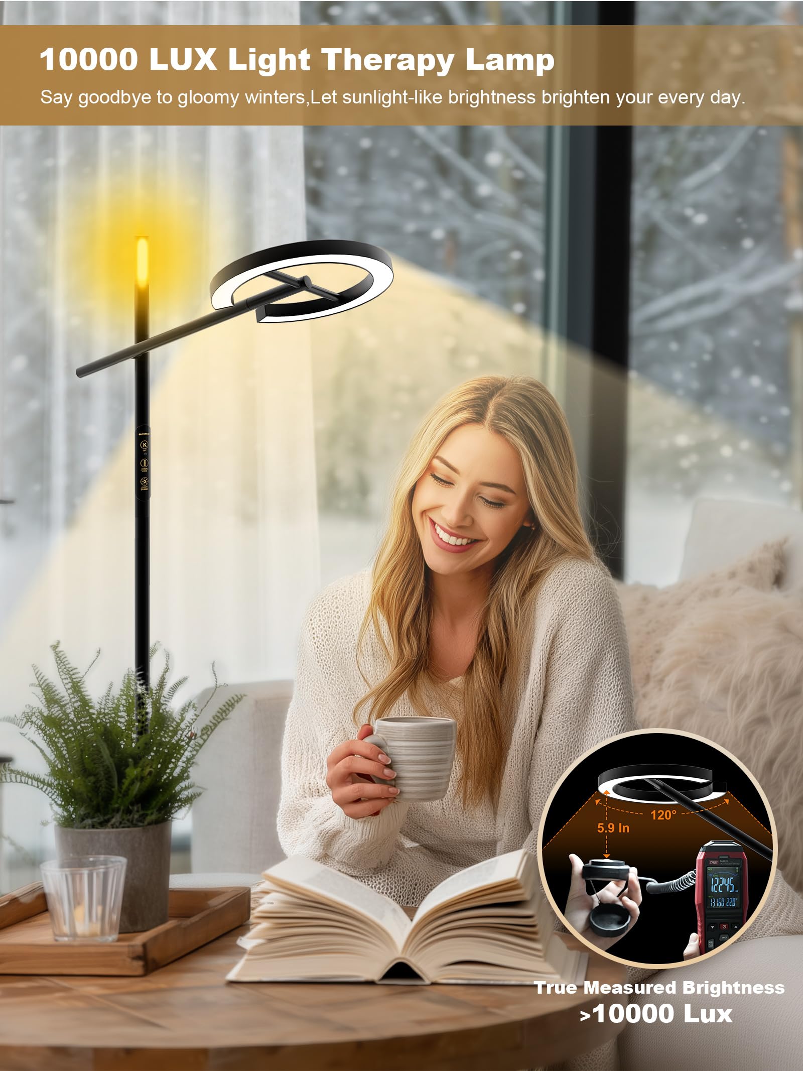 GLOWRIUM Smart Wake Up Light Therapy Lamp with App, 10000 Lux Full-Spectrum Happy Therapy Light, UV-Free Sun Lamp, Circadian Rhythm, Remote, Timer, Cozy Light Settings for Winding Down