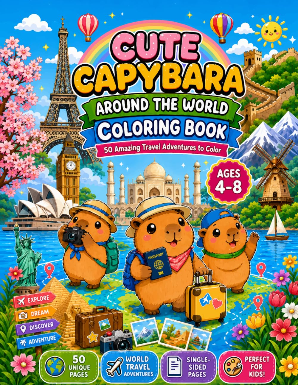 Cute Capybara Around the World Coloring Book: 50 Amazing Travel Adventures to Color