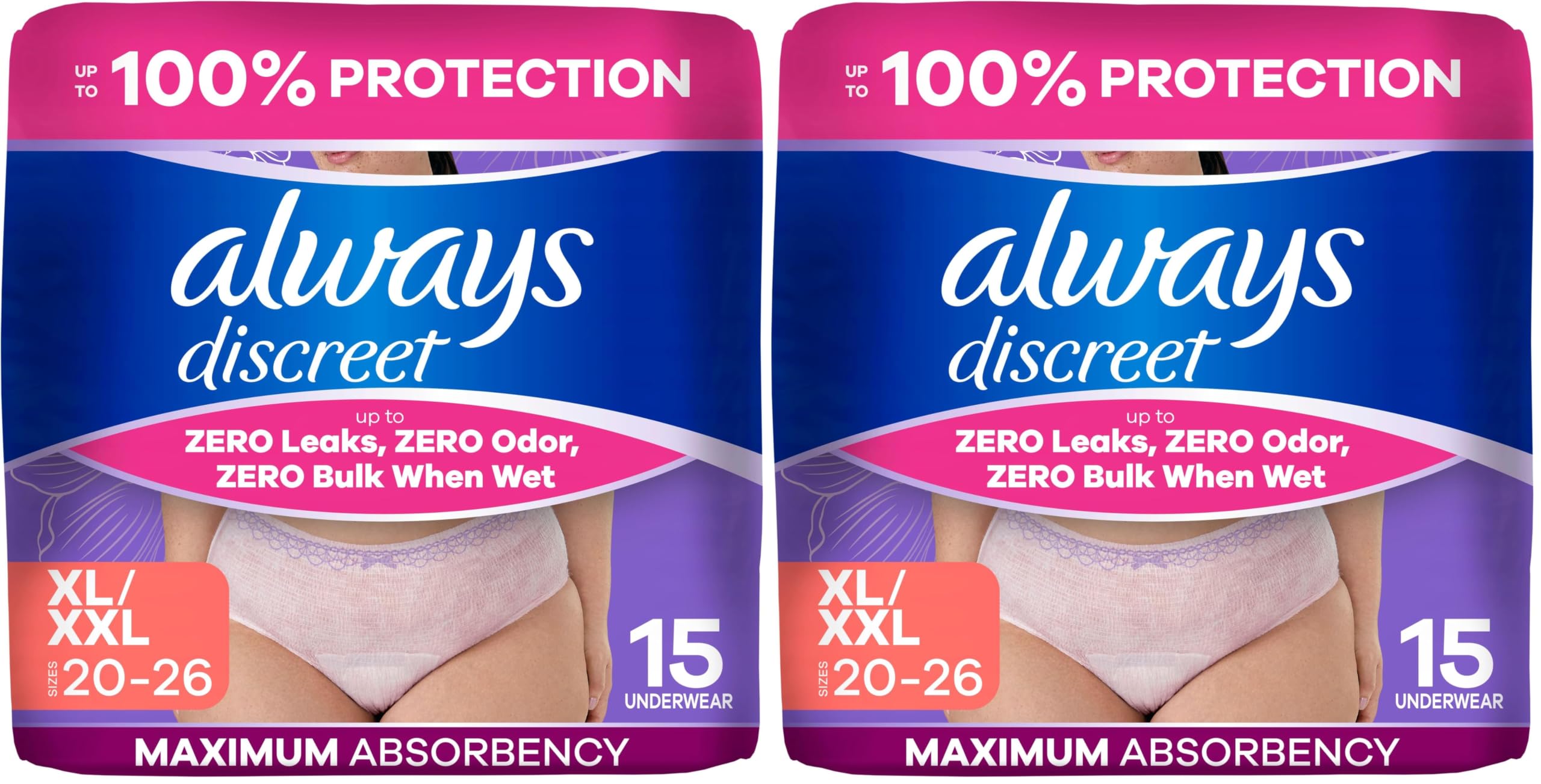 Always Discreet Adult Diapers for Women, Incontinence Underwear, Postpartum Essentials, Disposable Briefs, Max Absorbency, Bladder Leak Protection, Extra Large/XL, 15ct (Pack of 2)