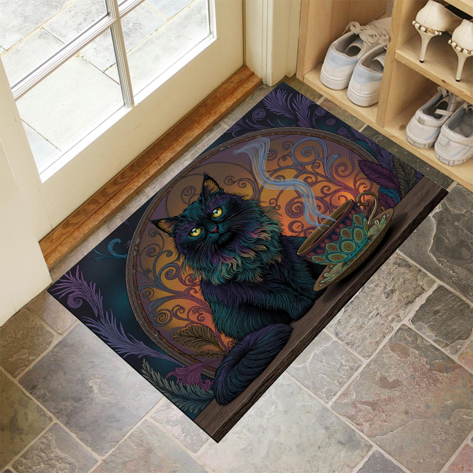 Felpudo de entrada art déco y gato negro alfombra lavable de 90x150 cm para cocina