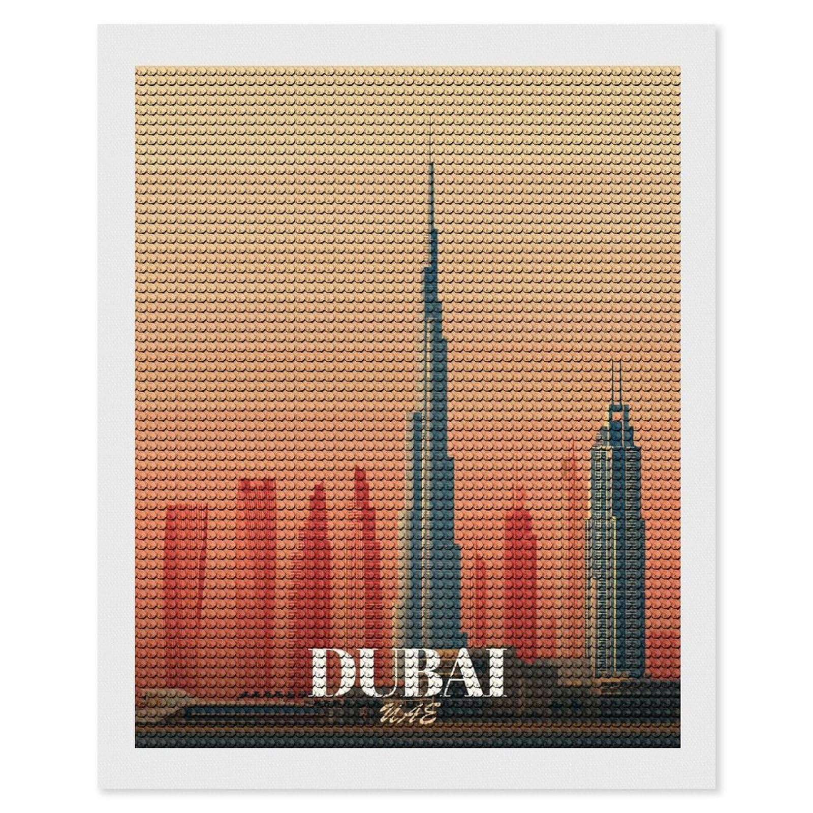 Junmoney Dubai UAE Skyline Art Print Diamond Painting Canvas Set 16"x20", for Adults, Bedroom Decor, Good for Quiet Evenings, Festive Craft Gift