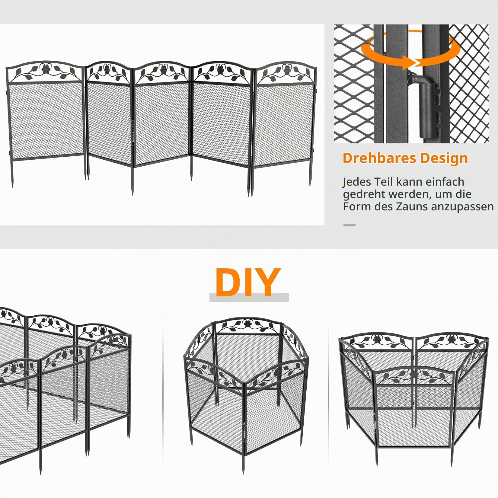 unho XXL Beetzaun aus Metall, Gartenzaun Beetumrandung 110cm hoch, schöner Dekozaun, mit Erdspießen, 5-teiliges Set, schwarz