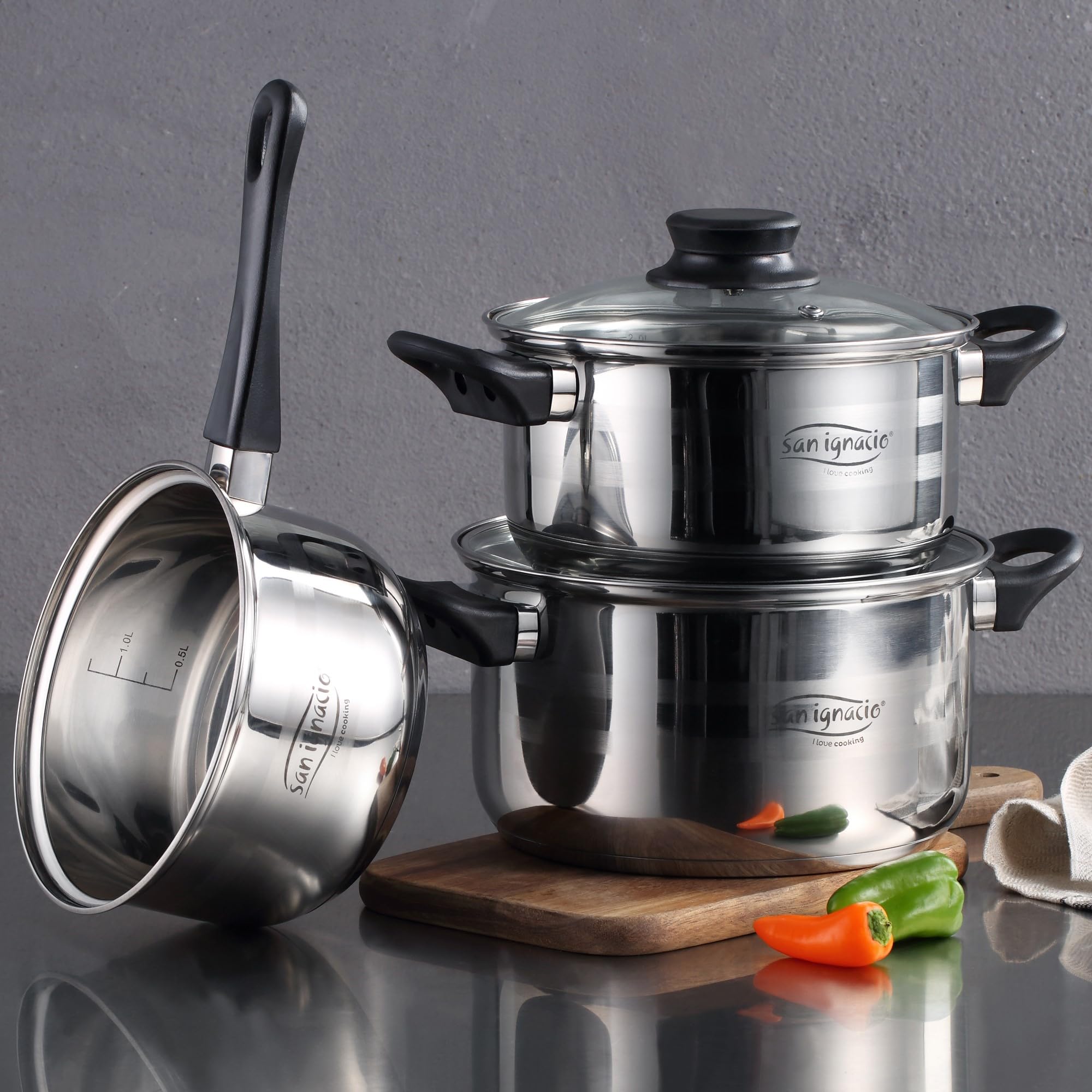 San Ignacio PK357 Batteria da cucina 5 pezzi e set di padelle in rosso, cromato
