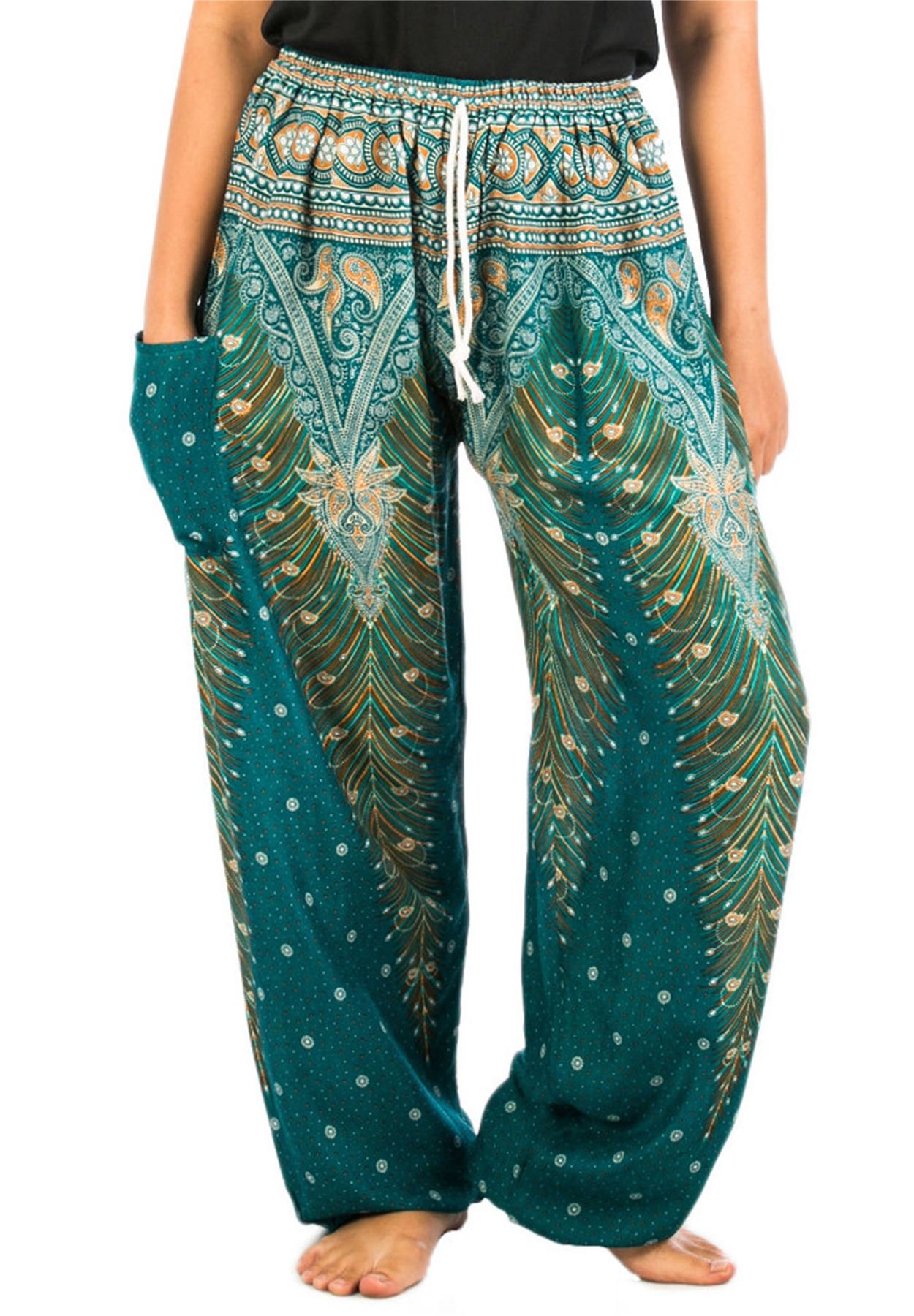 Lofbaz Women's Peacock 1 Drawstring Harem Boho Pants Teal Green 4XL