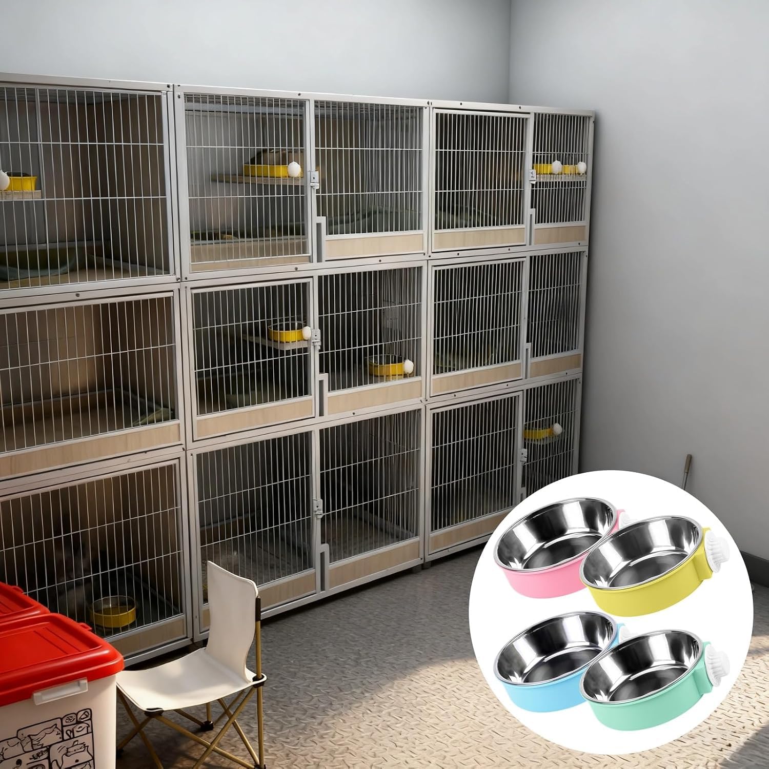 4 Stück Hundekäfig-Wassernapf, hängender, anbringbarer Futterspender aus Edelstahl, Abnehmbarer, auslaufsicherer Napf for Hundehütten, Mehrfarbig, leicht zu reinigendes Design