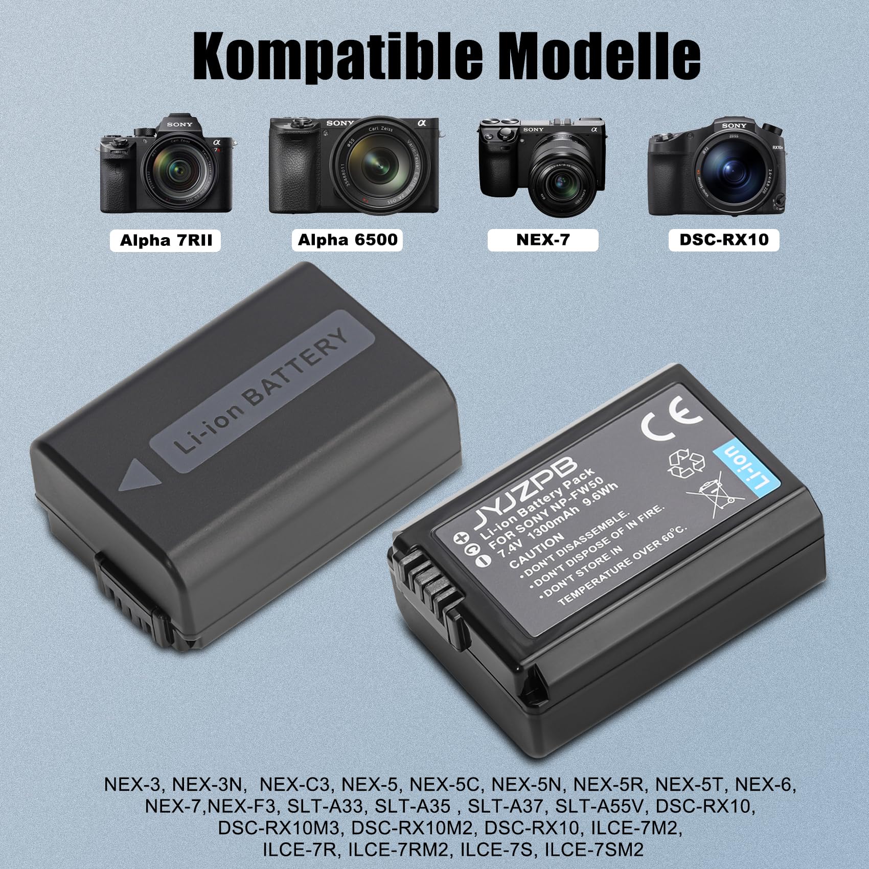 JYJZPB 2 X NP-FW50 Akku und USB Doppel Ladegerät mit SD-Kartenslot für Sony