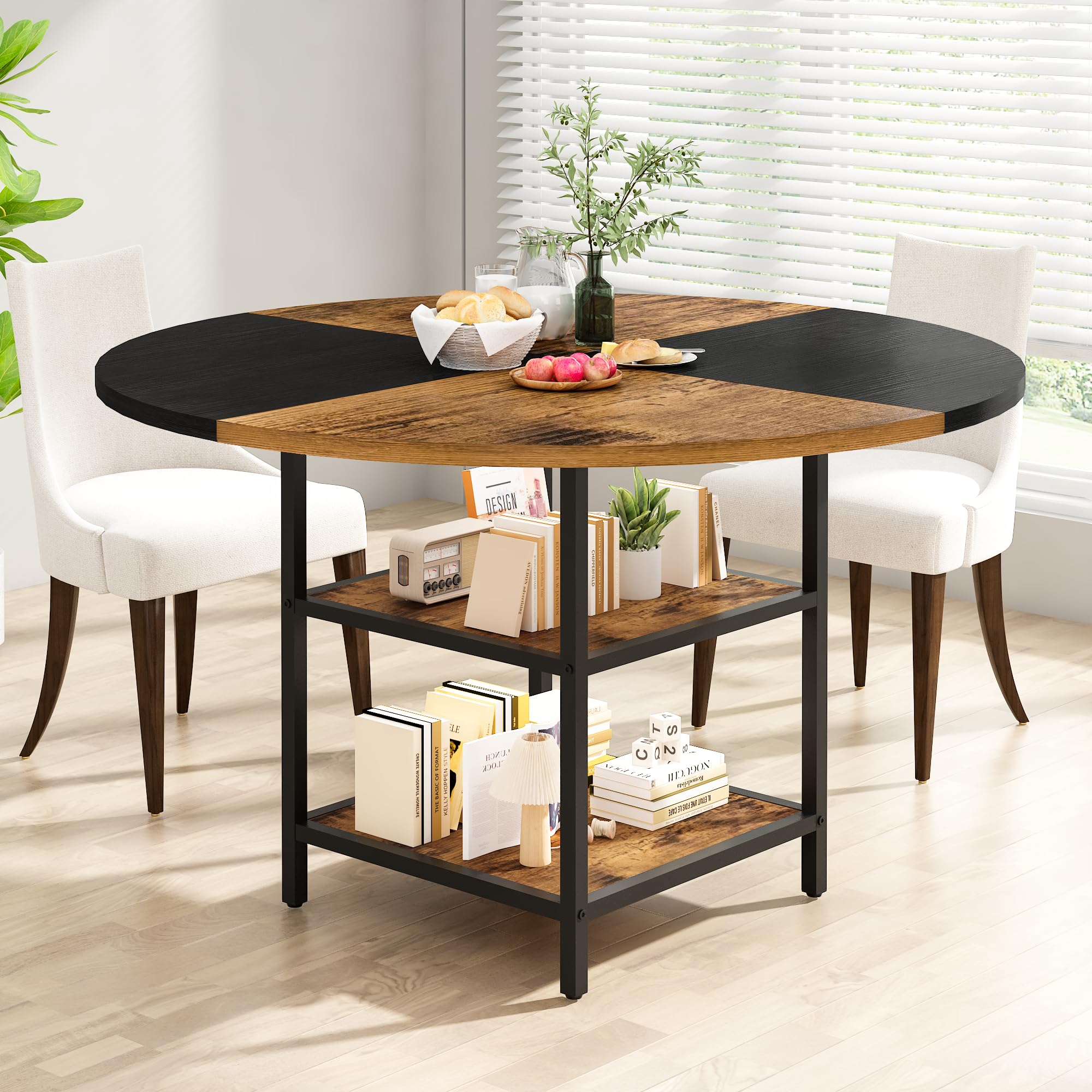 AWQM Round Dining Table for 4-6, Round Dining Table with Storage, Modern Kitchen Table Made of MDF and Metal Frame, Round Table for Kitchen, Living Room, Courtyards, Rustic Brown,47'' (Only Table)