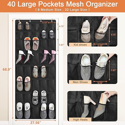 Miniatura 6 de FENTEC Organizador de zapatos para colgar en la puerta, 40 bolsillos grandes para colgar en la puerta, organizador de zapatos para armario,