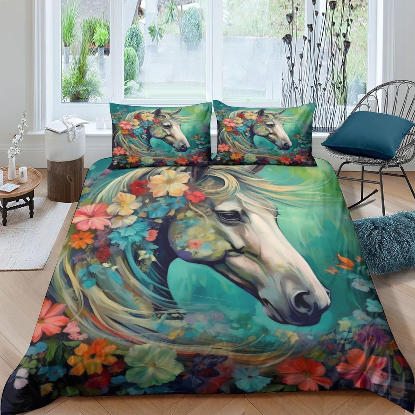 Housse de couette fleurs et chevaux 3D King 220x240cm avec taies d'oreiller pour lit adulte