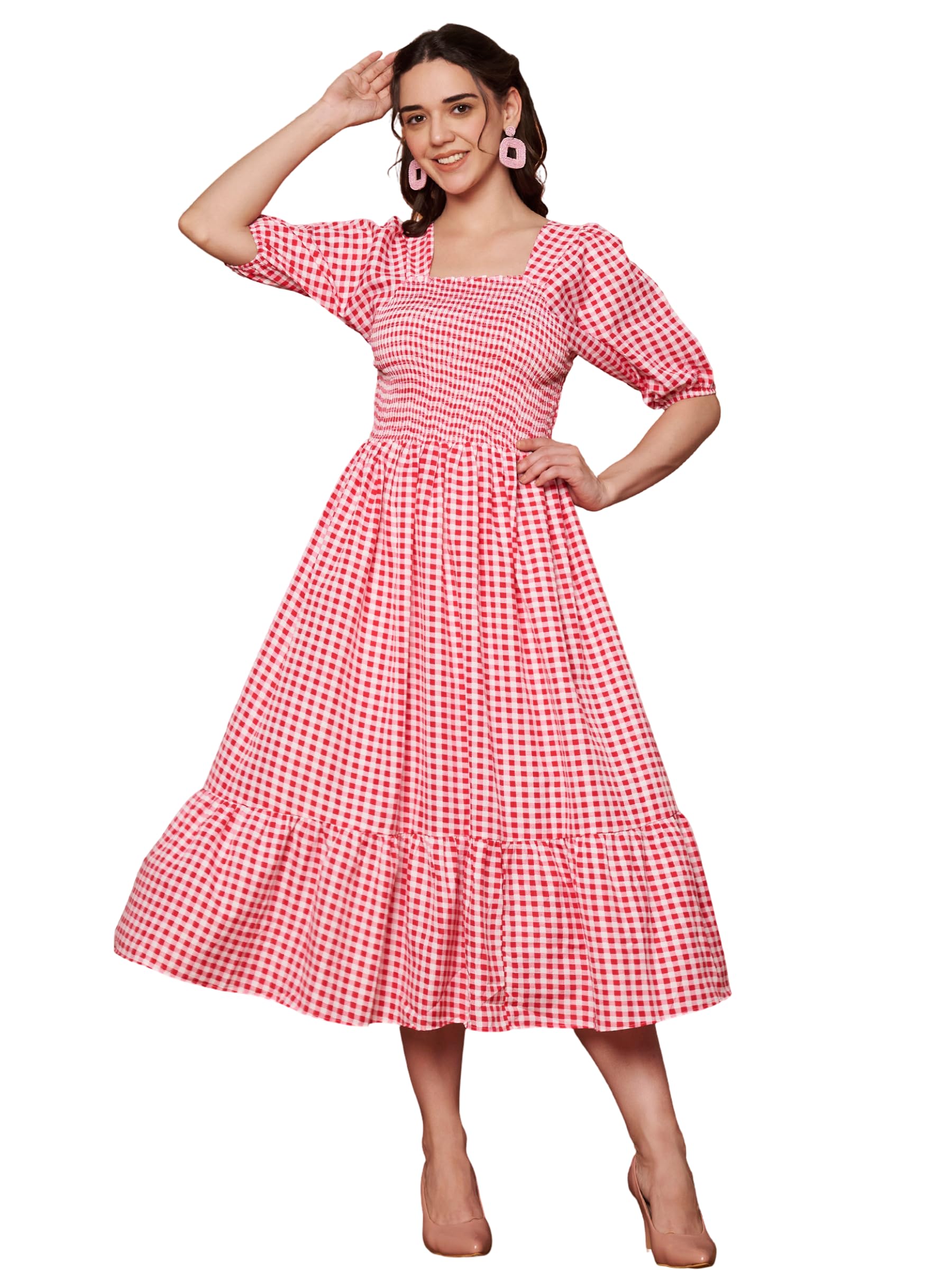 kzully | Dress for Women | Smocked Midi | Puff Sleeve Square Neck | Casual A-Line Outfit | Summer Party Vacation Wear-picture-16