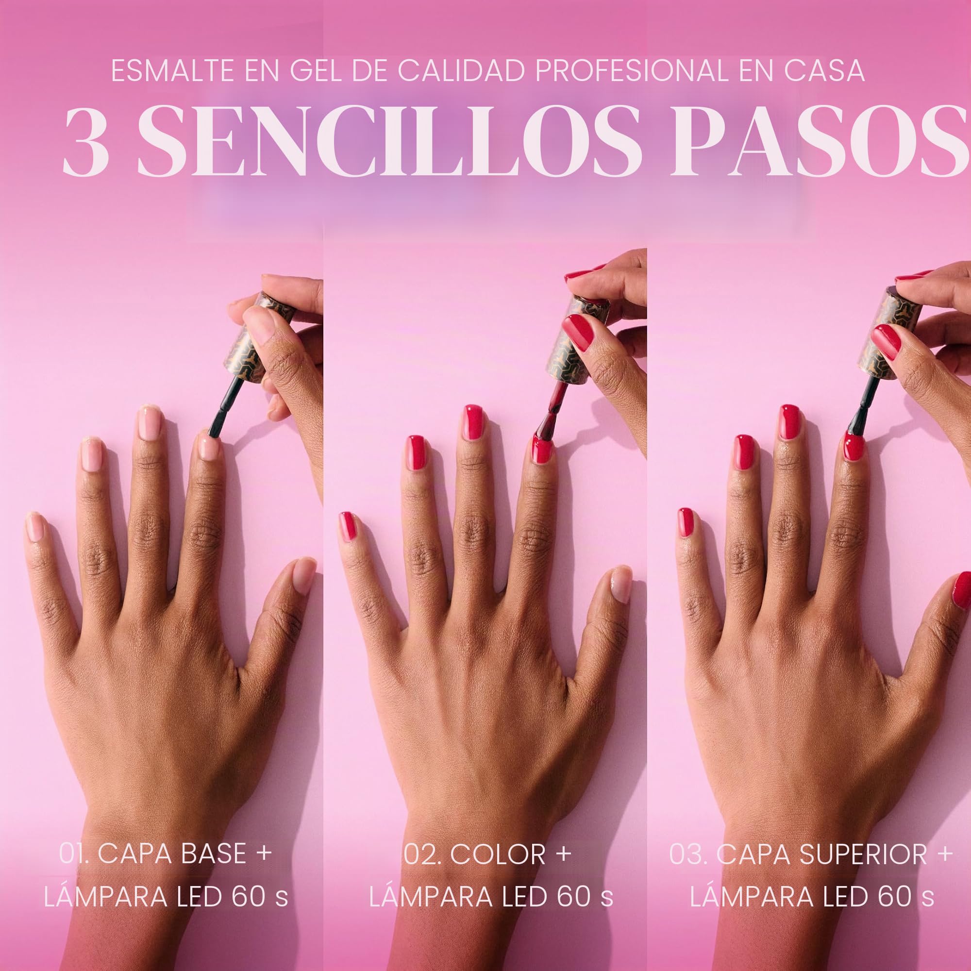 Pink Gellac Kit de Uñas Semipermanentes - Set Manicura y Pedicura con Pro Lampara Uñas Semipermanentes Rosa, 4 Tonos Rojos 15 ml, Top Coat y Base Coat Peel Off, Removedor, Limpiador - Calidad de Salón