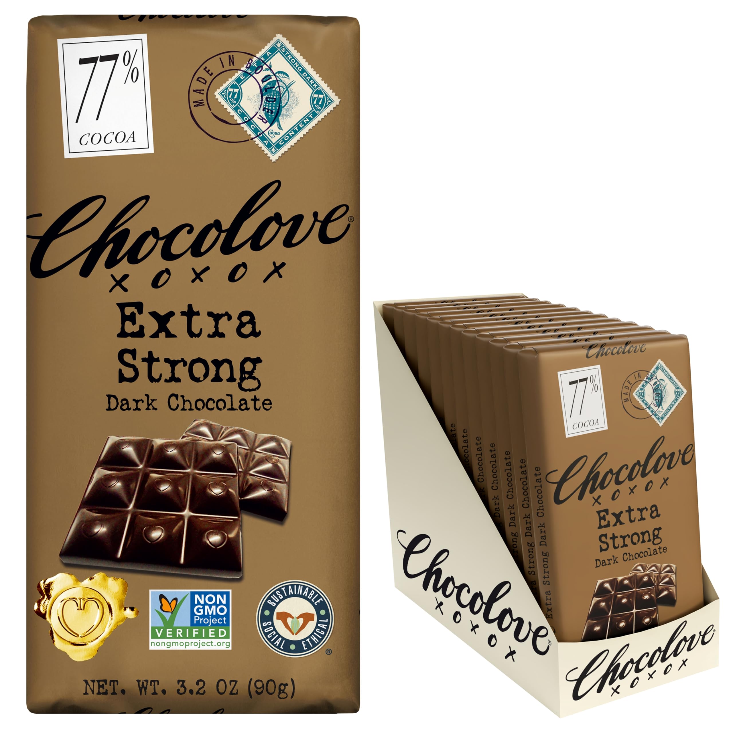 Chocolove Xoxox Premium Chocolate Bar - Dark Chocolate - Extra Strong - 3.2 Oz Bars - Case Of 12