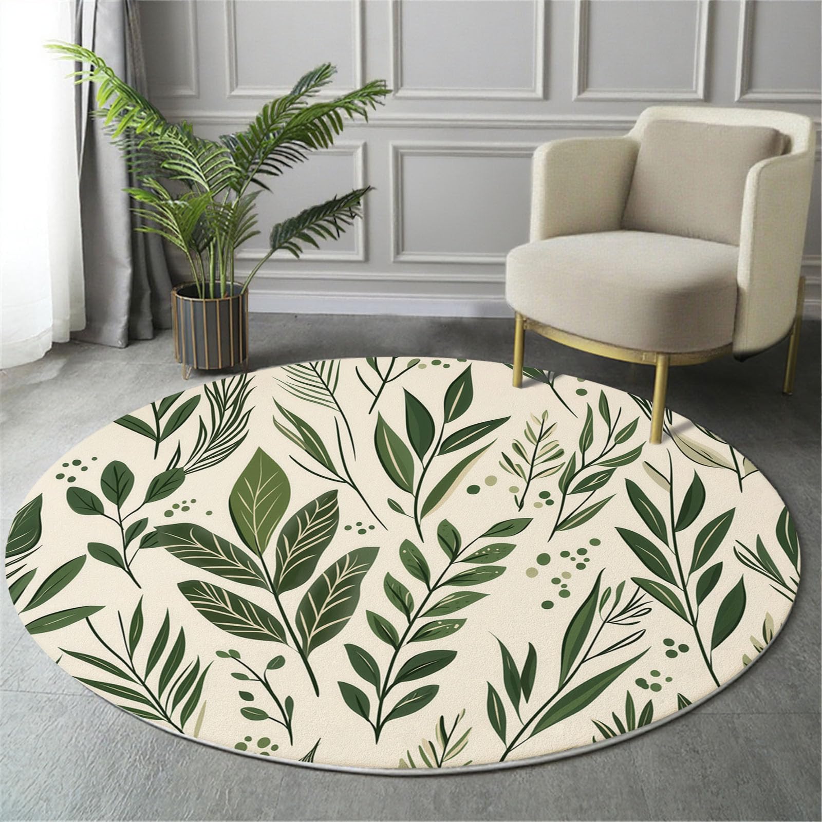 Tapis Moderne 100cm Rond à Motif Plantes peintes à la Main