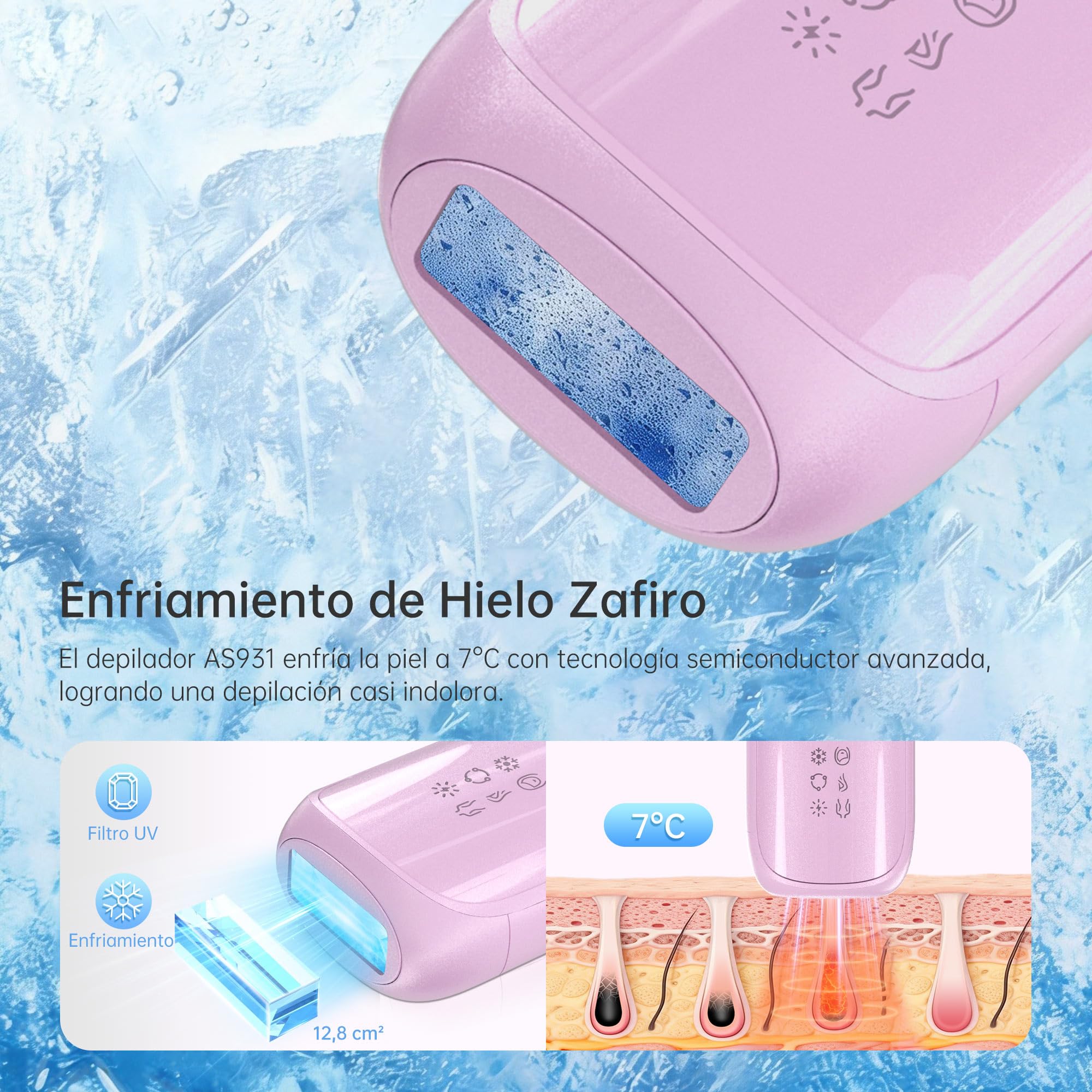 Depiladora Laser con Función de Enfriamiento: 530-1200NM Laser Depilacion con 3 Modos, Flash Continuo Automático, Epiladora de Luz Pulsada para Rostro, Axilas, Línea de Bikini y Cuerpo