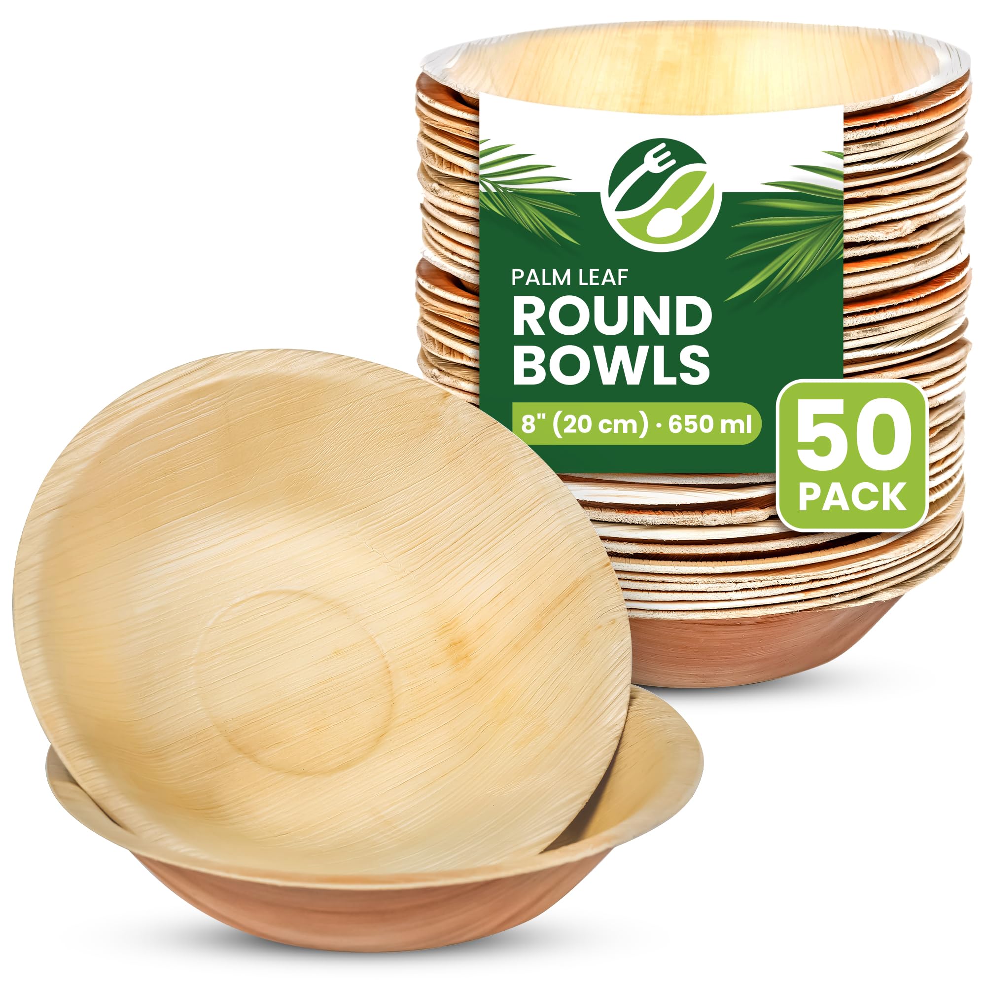 ECO Leaf 50 Disposable Palm Leaf Bowls | 8”(20cm) Round Compostable Dinner Bowls | Eco-Friendly, Biodegradable Heavy-Duty Bowl for Wedding, Party and Picnic | Microwave & Oven Safe, Pack of 50 — image 1