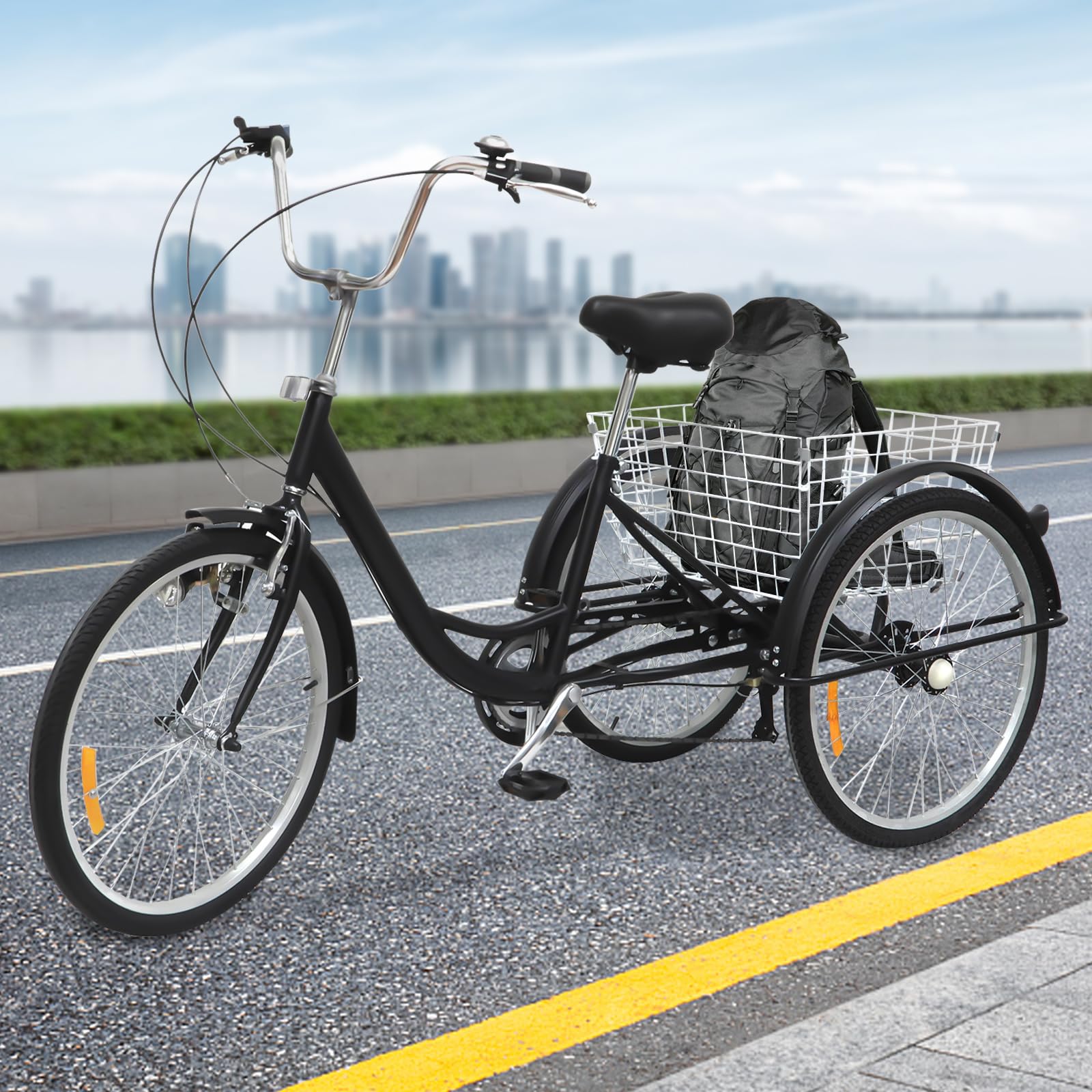 Triciclo adulto 24 pulgadas 3 ruedas 6 velocidad bicicleta triciclo cruiser con cesta y luces para montar a caballo, picnic, ir de compras o hacer otras actividades al aire libre, negro,