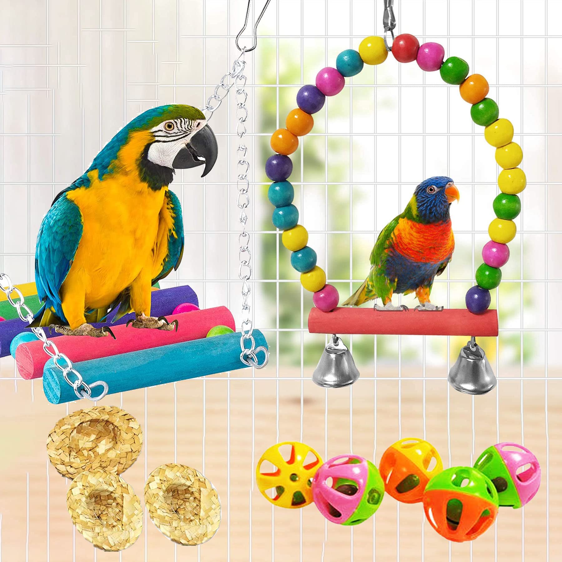 NA Allazone 17 Pz Giochi per Uccelli Pappagalli, Posatoi Giocattoli Gabbia, Giocattolo per L'addestramento degli Uccelli per Pappagallo, Cockatiel, Love Birds, Fringuelli
