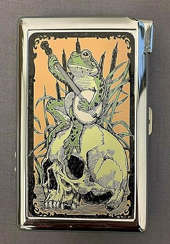 Caja de cigarrillos con encendedor integrado retro rana jugando banjo L2 100s tamaño cigarrillos plata metal cartera 4.75 x 2.75 pulgadas protección