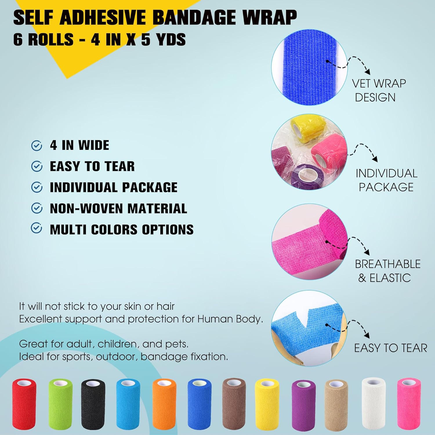 6 Pack Self Adhesive Bandage Wrap, 4 in x 5 Yards Non-Woven Self Adherent Cohesive Bandage, Vet Wrap Wound Tape for Thumb Finger Wrist Knee Ankle, Mix Colors - Image 2