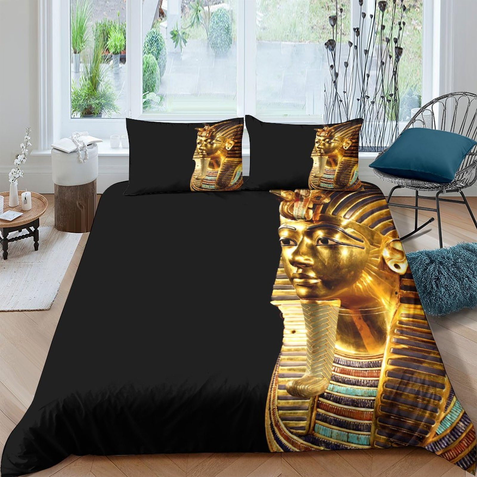 Ctjqhvkz Style-3 3D Printed Egyptian Pharaoh Fitted Sheet Microfiber Black Gold Ancient Mask Bed Cover For Bedroom Guestroom Decor Single（135X200cm）