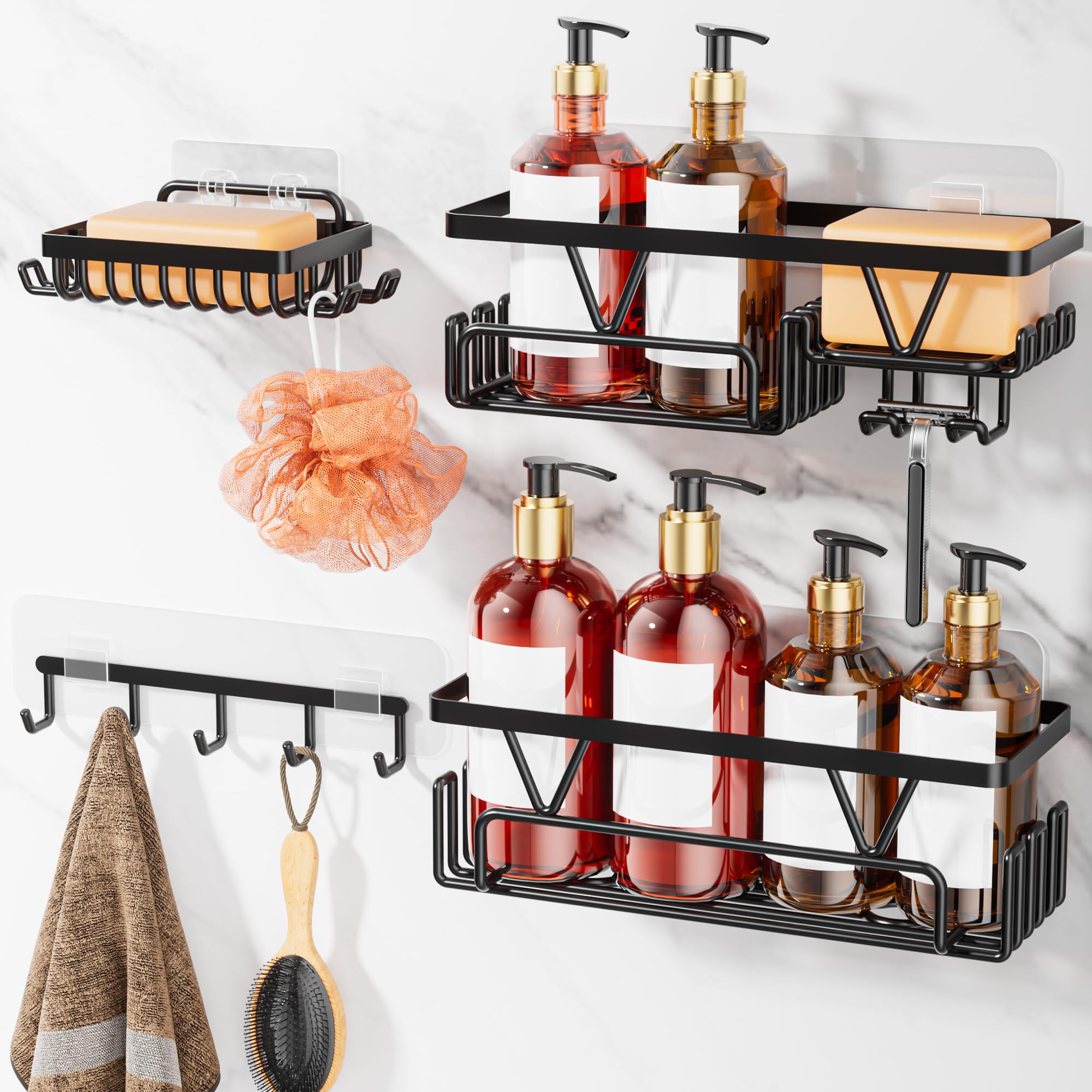 KEGII Adhesive Shower Caddy 4 Pack No Drilling Shower Organizer with Towel Rack Hooks Soap Holder Self-Adhesive Bathroom