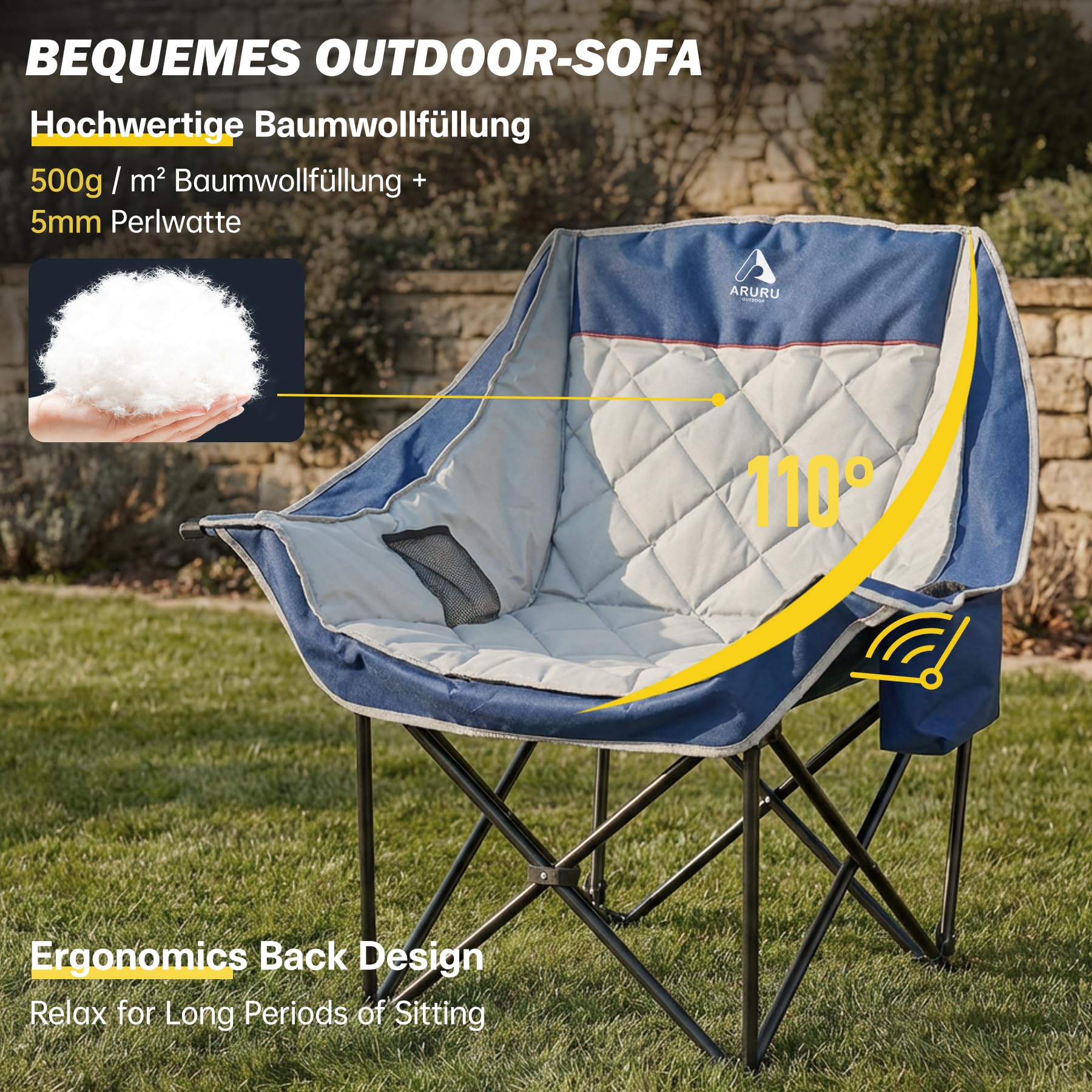 Campingstuhl bis 200KG Gepolstert Armlehnen XL Outdoorstuhl Klappstuhl Campingsofa mit Getränkehalter Kühltasche Hoher Rückenlehne