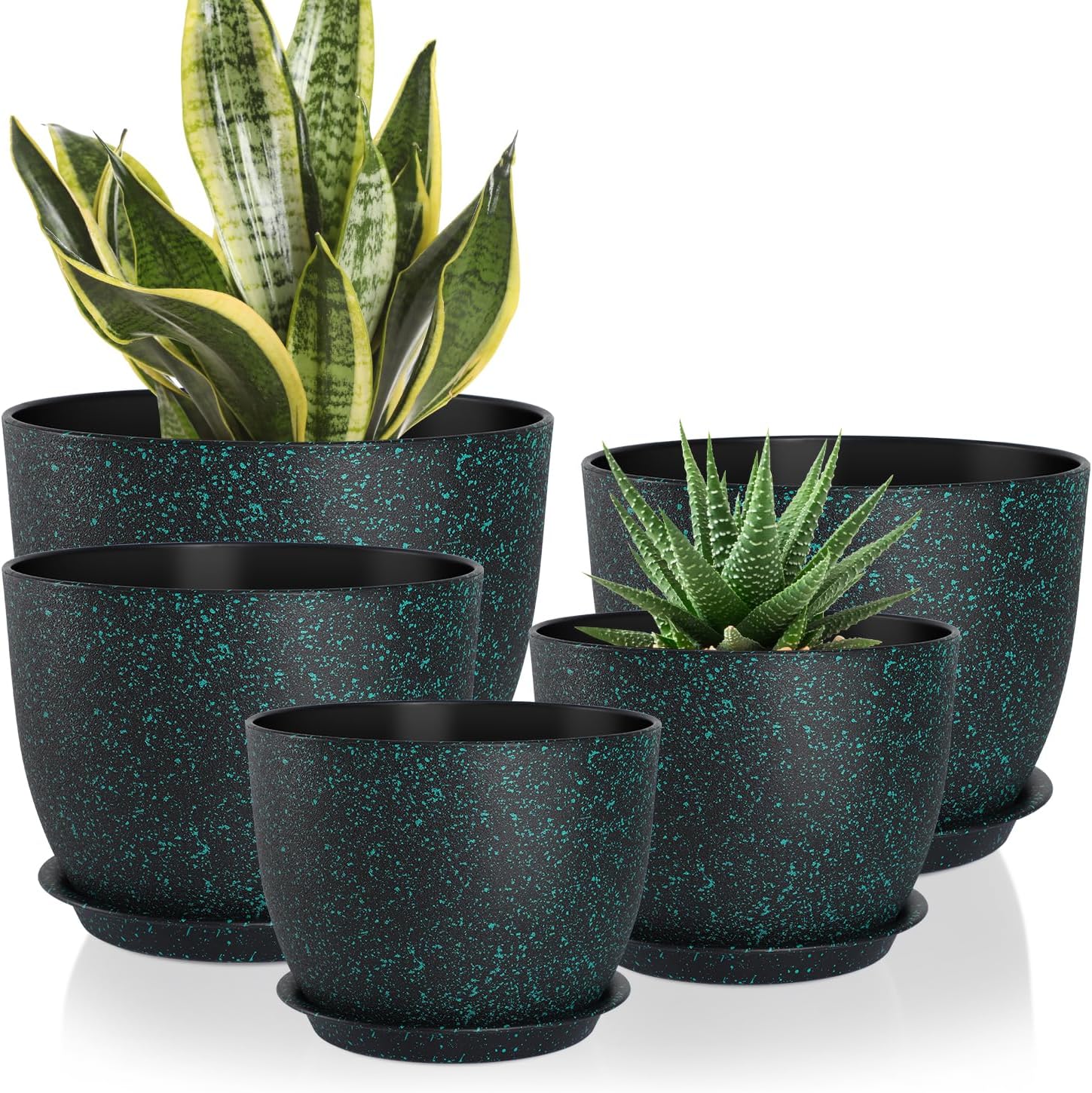 AFamilyofGardenLovers 10/9/8/7.5/7 Inch Plant Pots Set of 5 with Mesh Drainage Holes - Green Speckles Indoor Outdoor Planters