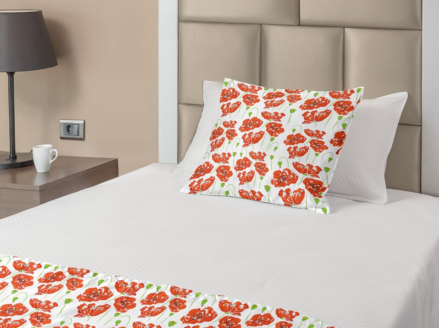 Ambesonne Skull Bed Runner Set, Geometric Skulls and Hearts Crosses Stitch Work Knitted Nordic Pattern Print, Decorative Bedding Scarf and a Pillow Sham for Hotels Homes, Twin, Grey Red Coconut