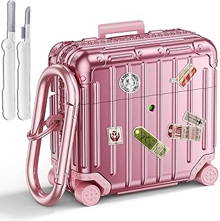 V.R.HOPE Funda compatible con AirPods 4, bonito diseño de maleta para Airpods de 4ª generación 2024 con bolígrafo de limpieza y mosquetón, funda rígida protectora divertida de moda, color oro rosa