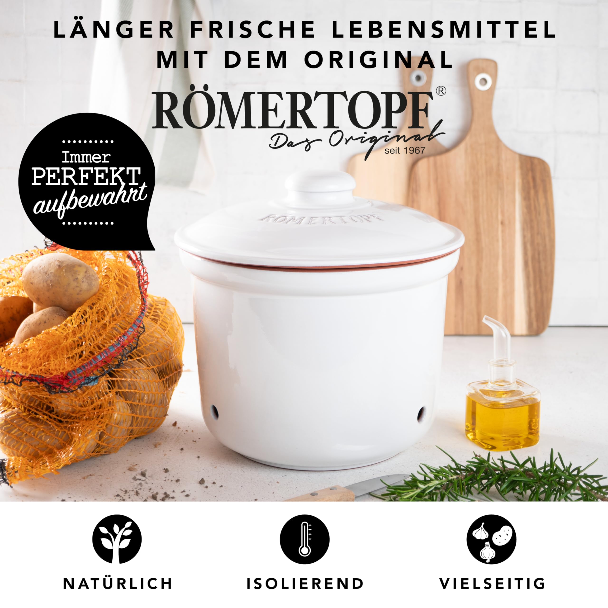Romertopf Pot fraîcheur MAXI PLUS 5,5 l – Pot à pommes de terre en céramique – Argile respirante pour garder les légumes frais plus longtemps – Circulation de l'air idéale – Blanc