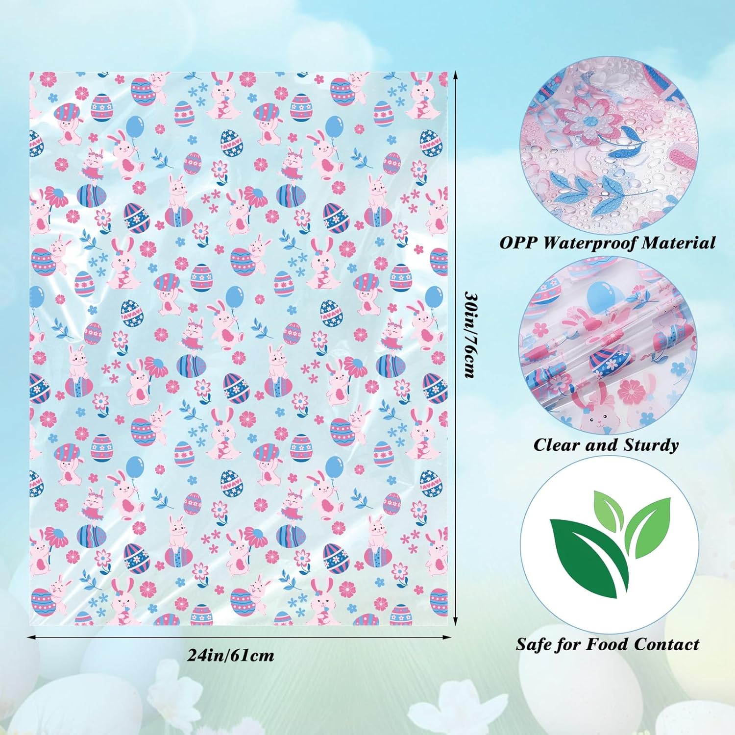 woric 12Pcs Easter Cellophane Wrap Bags for Gift Baskets 24x30 Inch Large Clear Cellophane Gift Bags Easter Bunny & Eggs Baskets Bag for Kids Egg Treats - Image 2
