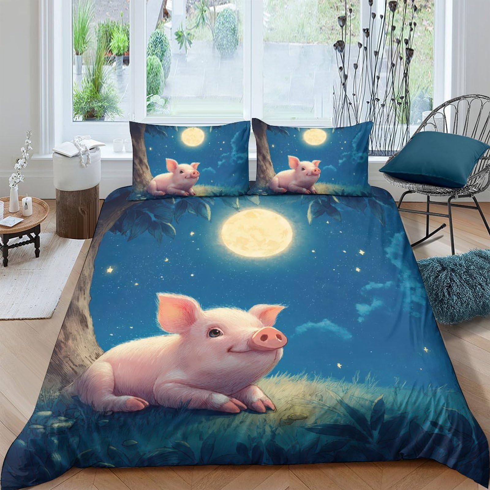 Ctjqhvkz Style-2 3D Printed Moonlit Piggy Fitted Sheet Microfiber Soft Breathable Night Meadow Bed Cover For Bedroom Dorm Decor Single（135X200cm）