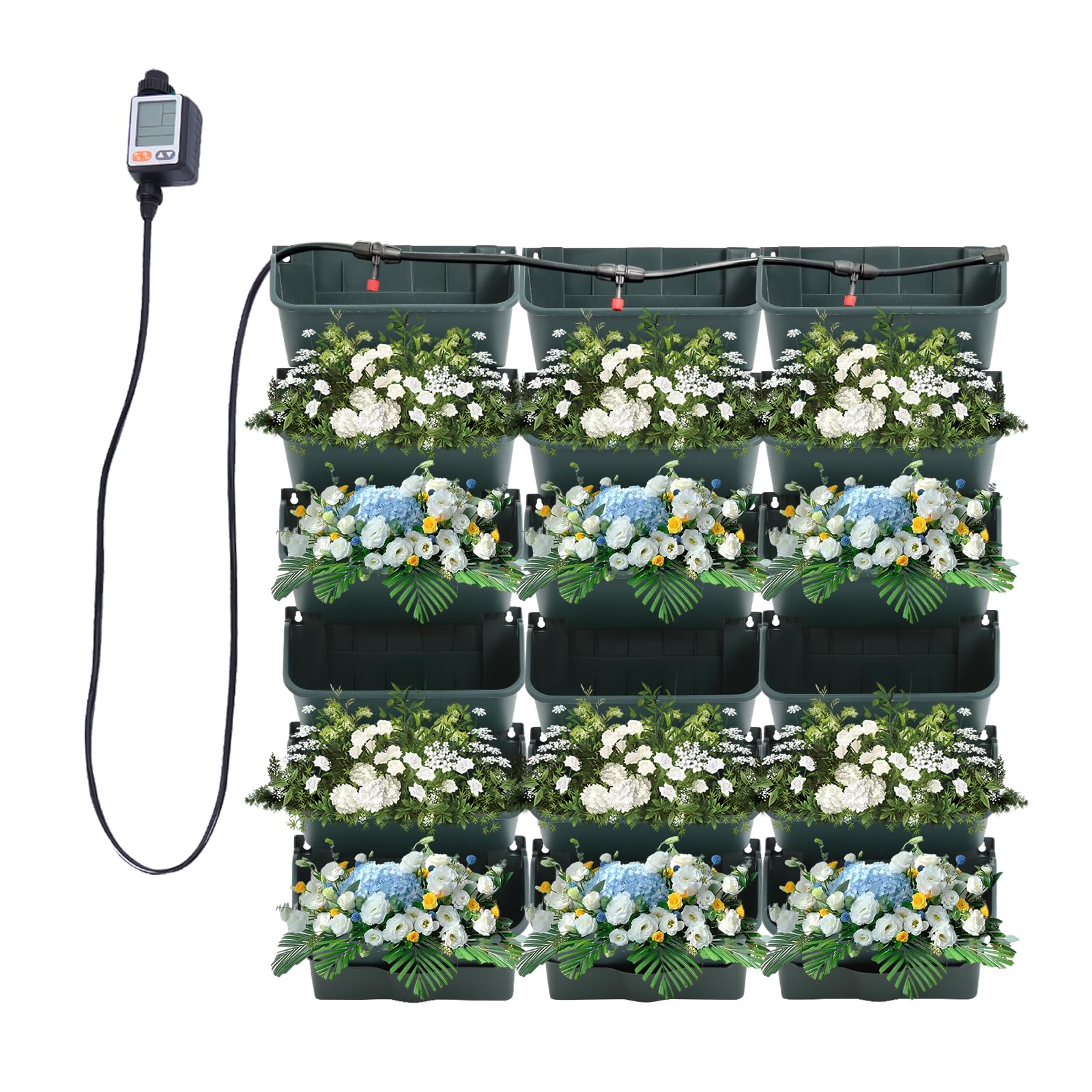 Self-Watering Wall-Mounted Planter, 18 Pots Wall Mounted Plastic Plant Grow Pot Vertical Garden Planter with Intelligent Control & Adjustable Irrigation System for Indoor Outdoor (Green, 18 Pots)