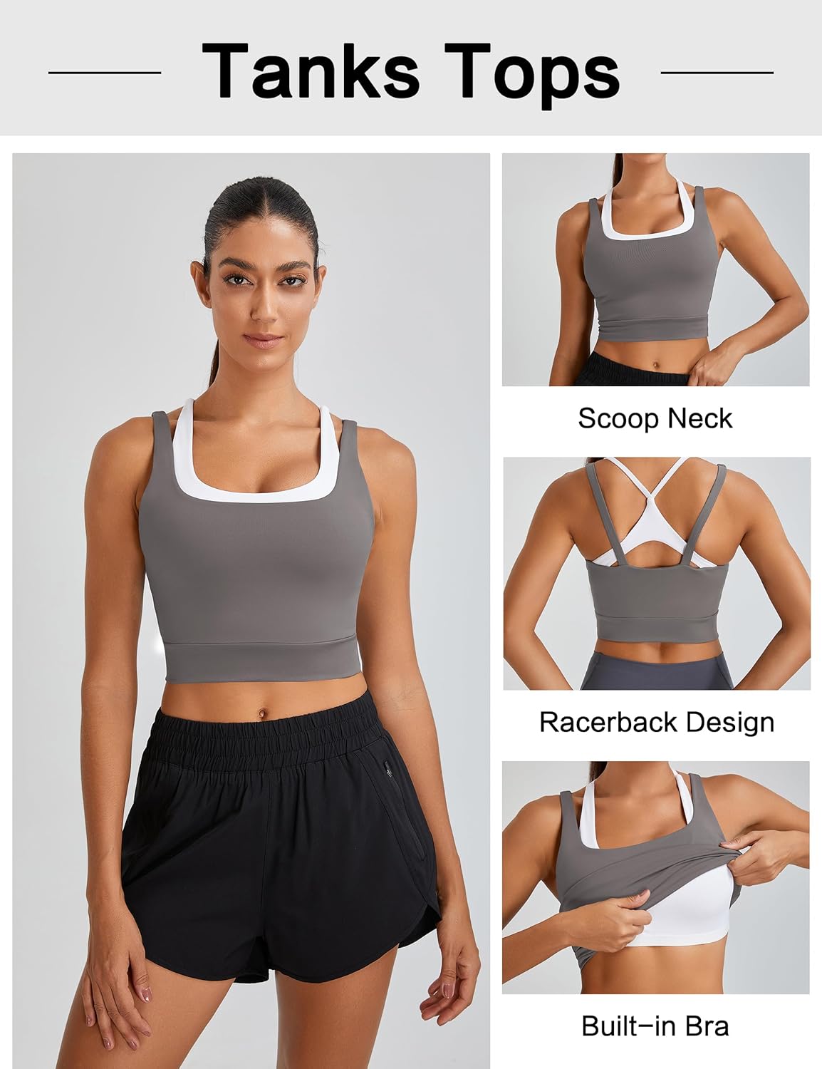 BMJL Womens Built in Bra Tank Tops Black Workout Scoop Neck Racerback Cropped Tops Camisole with Padded - Image 3