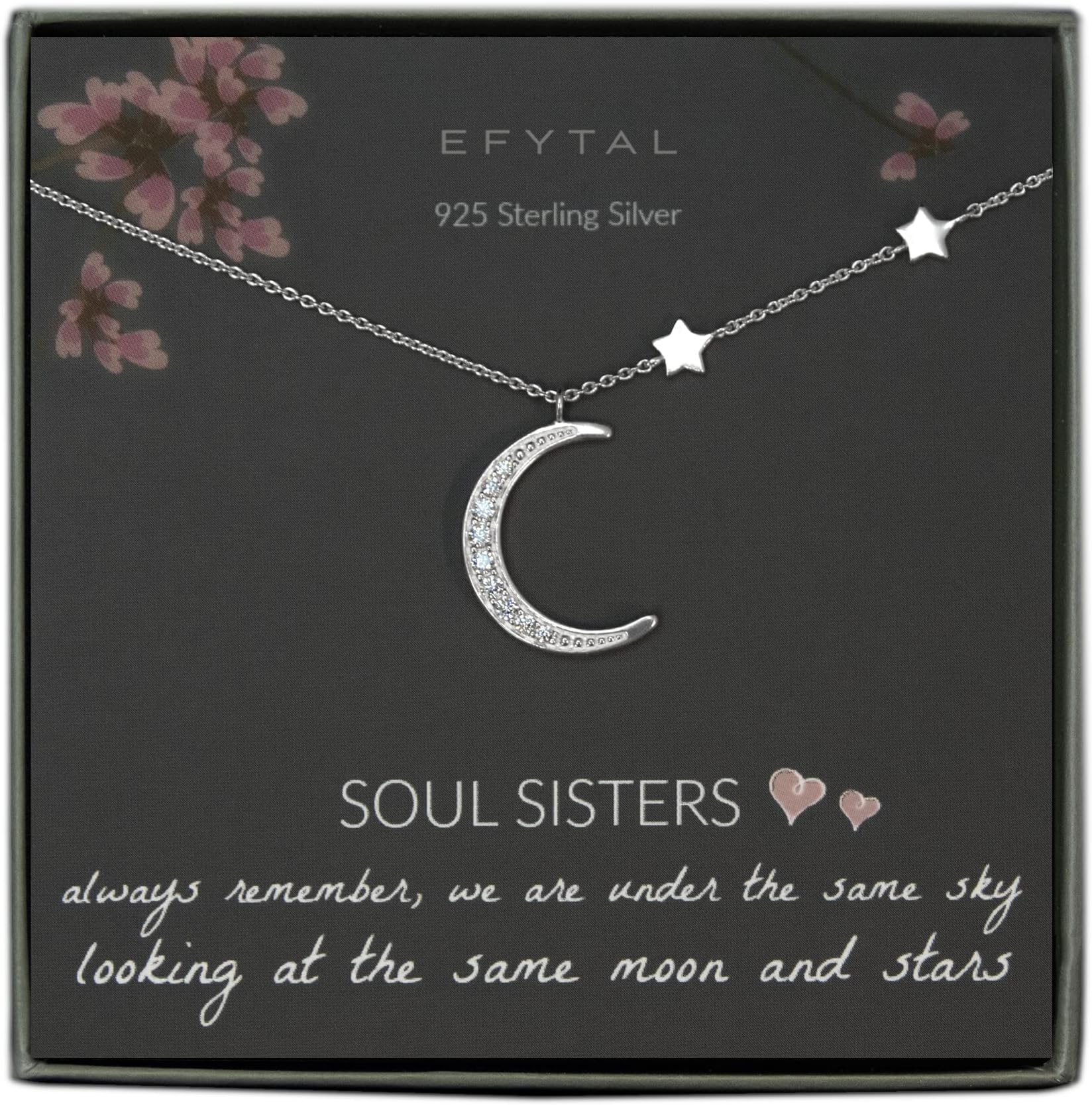 Friend Gifts, 925 Sterling Silver CZ Crescent Moon & Stars Friendship Necklace, Best Friend Necklaces for Soul Sisters, Unbiological Sister or BFF