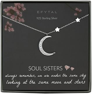 EFYTAL Friend Gifts, 925 Sterling Silver CZ Crescent Moon & Stars Friendship Necklace, Best Friend Necklaces for Soul Sisters, Unbiological Sister or BFF