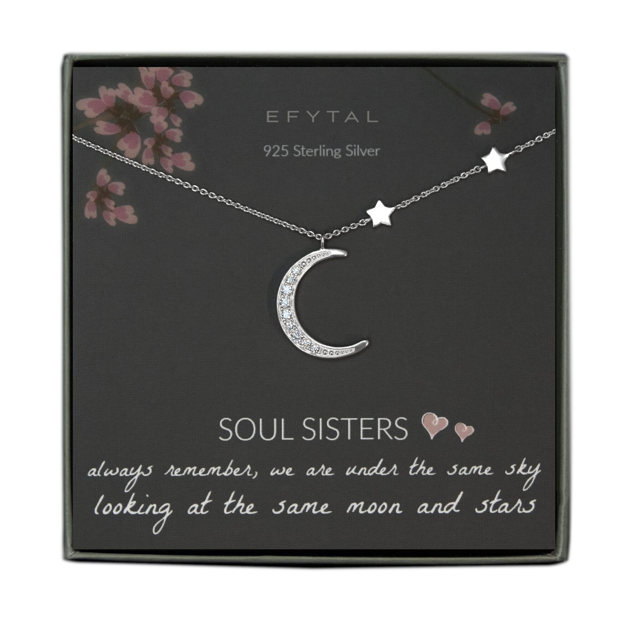 Friend Gifts, 925 Sterling Silver CZ Crescent Moon & Stars Friendship Necklace, Best Friend Necklaces for Soul Sisters, Unbiological Sister or BFF