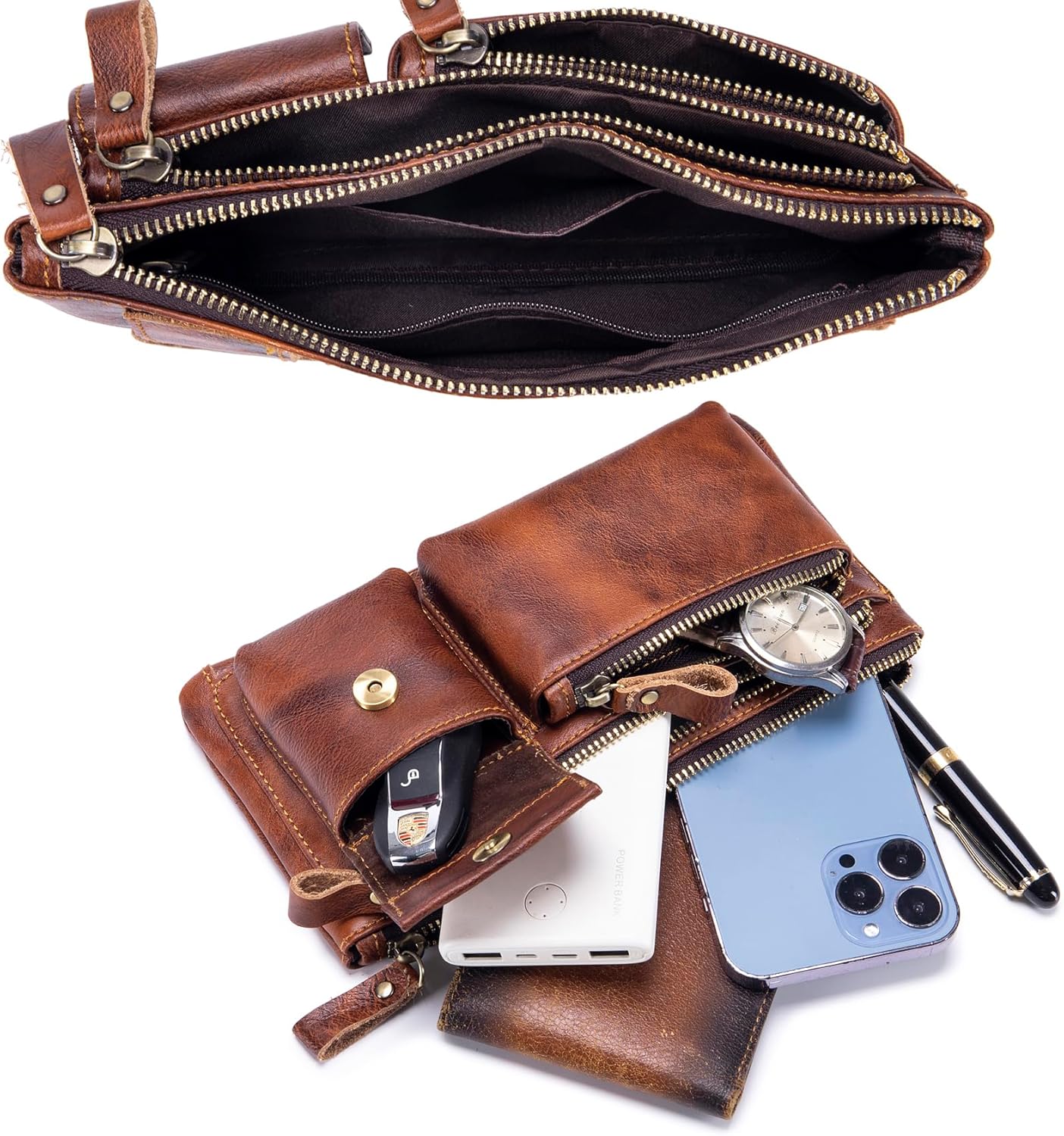 Genuine Leather Fanny Pack Waist Bag for Men Women Clutch Bag Hip Bum Travel Pouch Sling Crossbody Chest Bags Shoulder Daypack Multiple Pockets Waist Pack Brown - Image 5