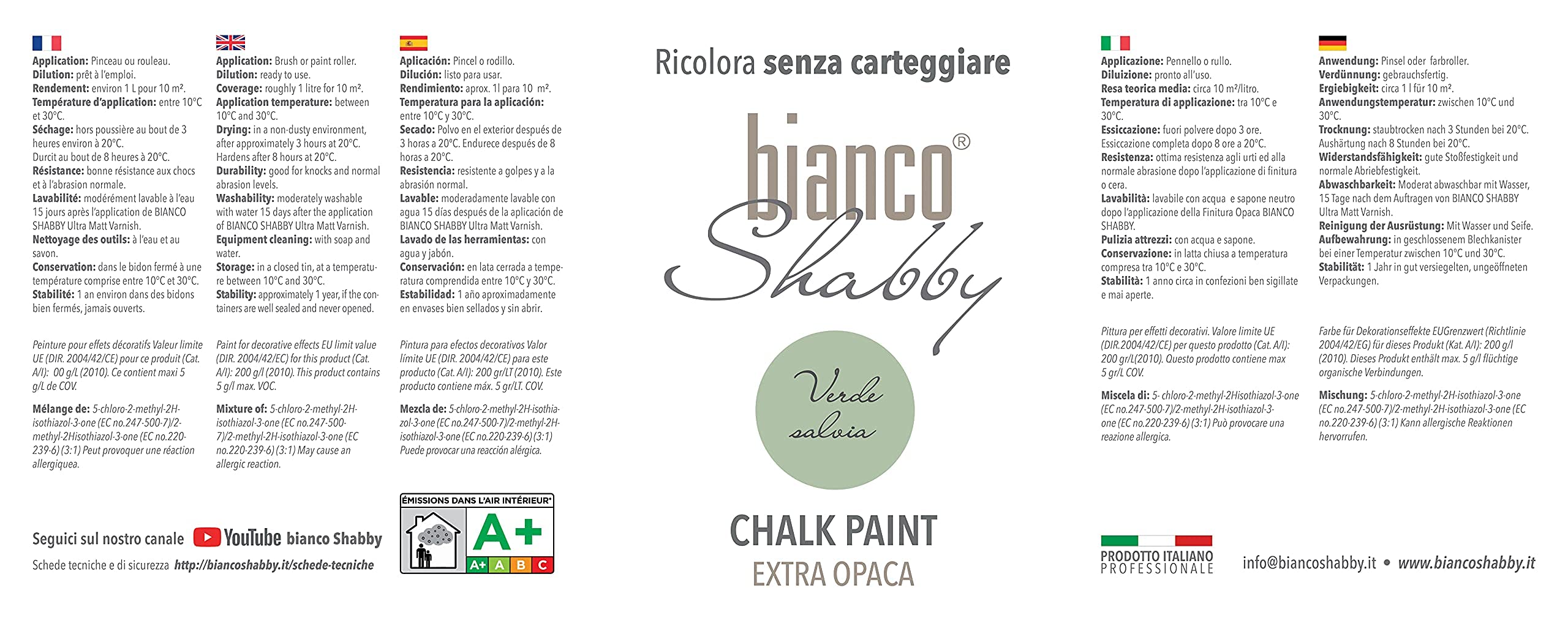 bianco Shabby CHALK PAINT Verde Salvia per Mobili e Pareti - Pittura Shabby Chic Vintage EXTRA OPACA (1 Litro)