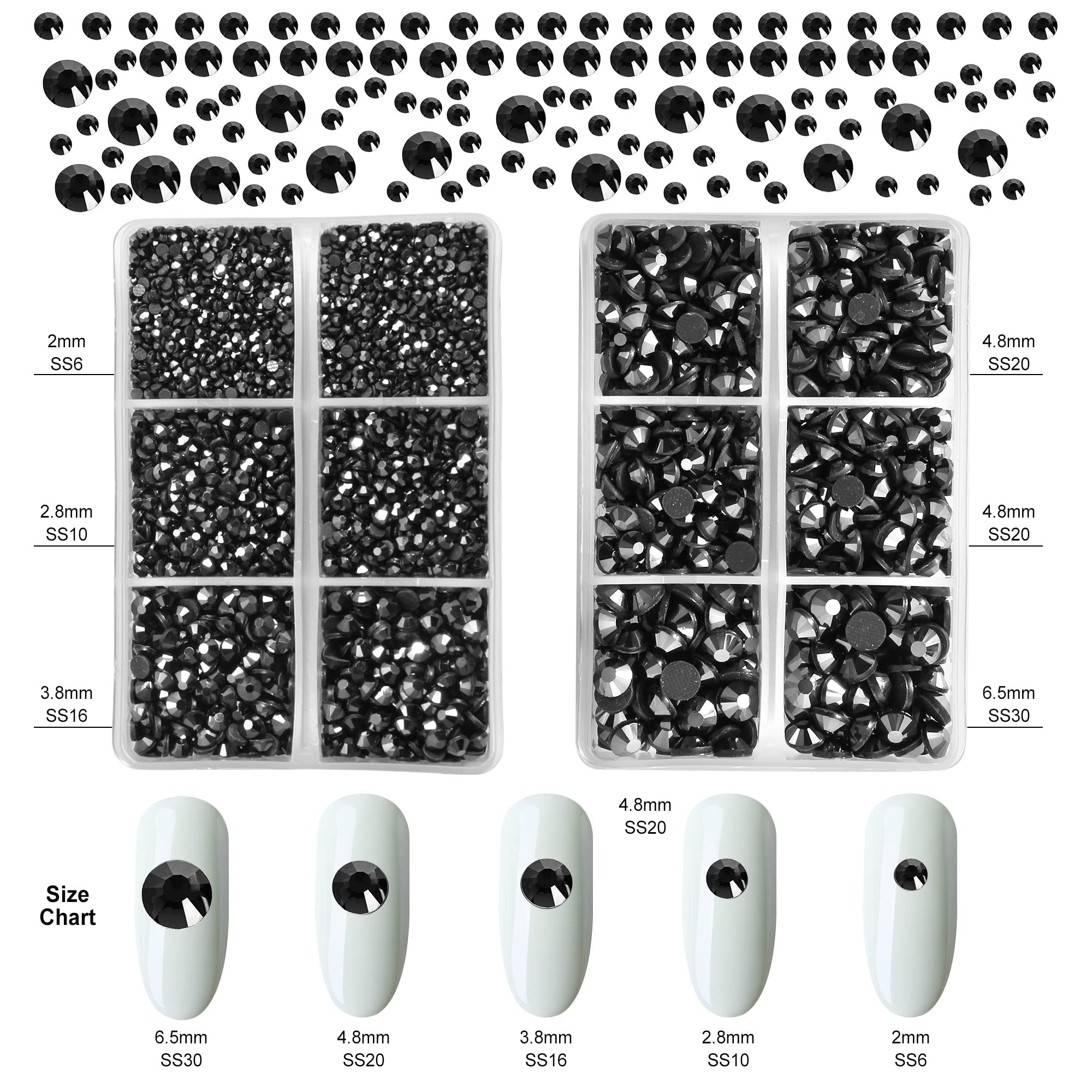 AARDWO 6616pcs Hotfix Rhinestones 5 Sizes Flat Back Nail Gems Nail Diamonds with Tweezers and Picking Rhinestones Pen for Crafts Nails Clothes Decoration(Hematite Black)