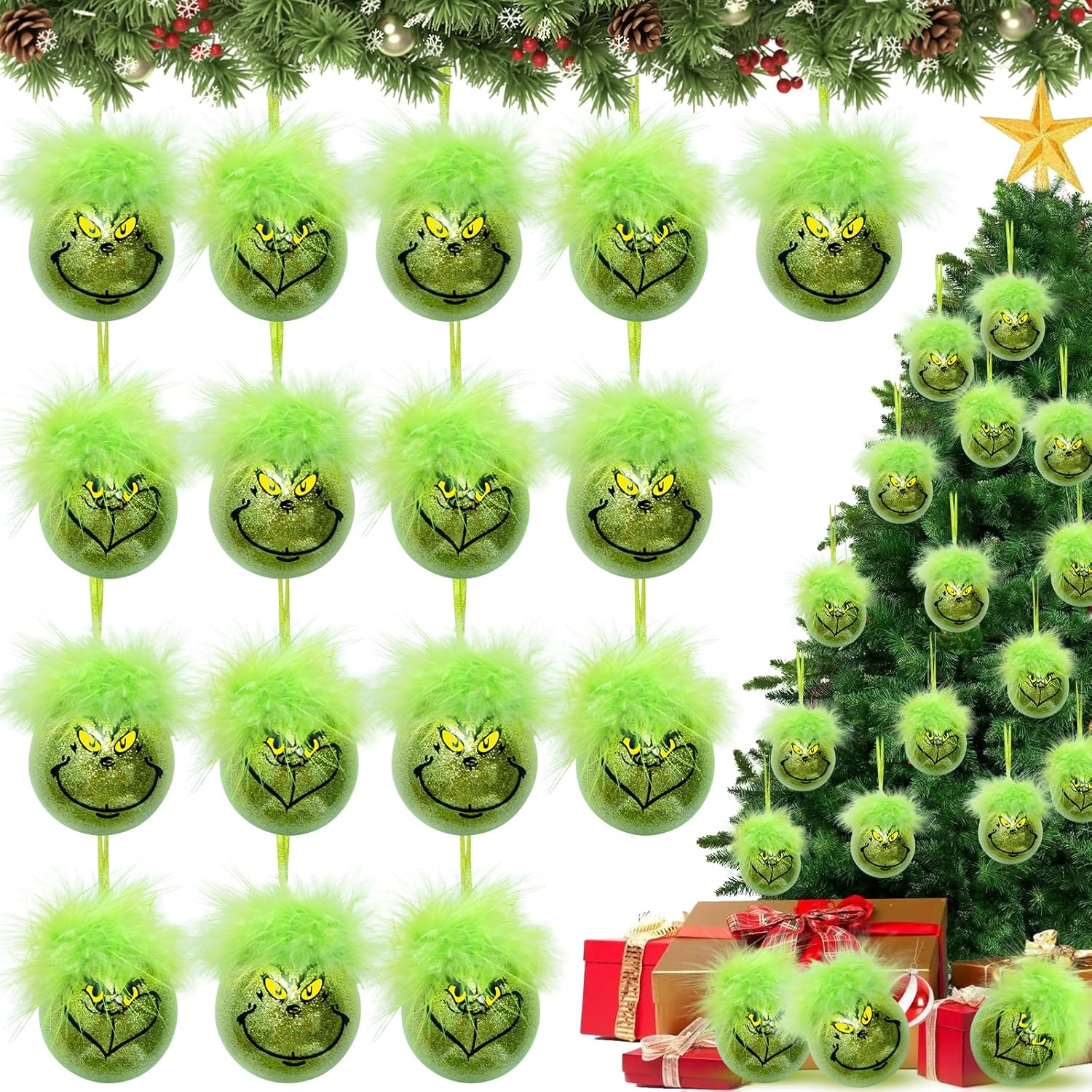 16Pcs Christmas Tree Ornaments Balls with Fuzzy Hair, Christmas Tree Balls Ornaments Christmas Hanging Balls Ornaments for Christmas Tree Fireplaces Home Décor