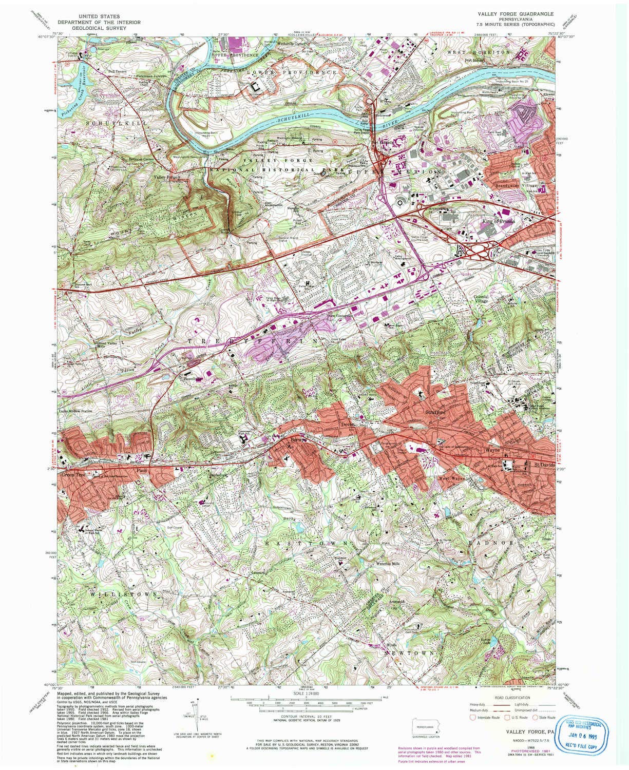 YellowMaps Valley Forge PA topo map, 1:24000 Scale, 7.5 X 7.5 Minute, Historical, 1966, Updated 1981, 27 x 22 in - Polypropylene