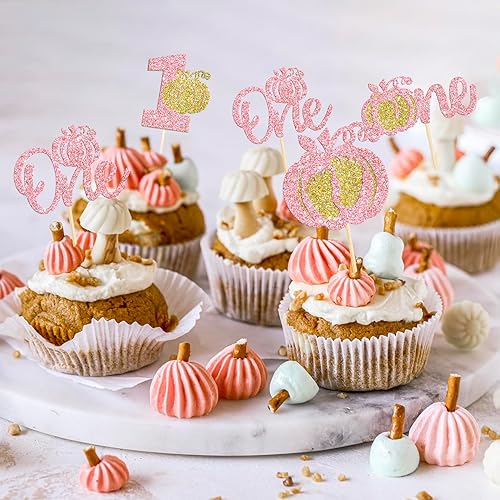 Miniatura 5 de Rsstarxi Paquete de 24 adornos de calabaza para el primer cumpleaños, calabaza con purpurina rosa, decoración para cupcakes para fiesta de primer